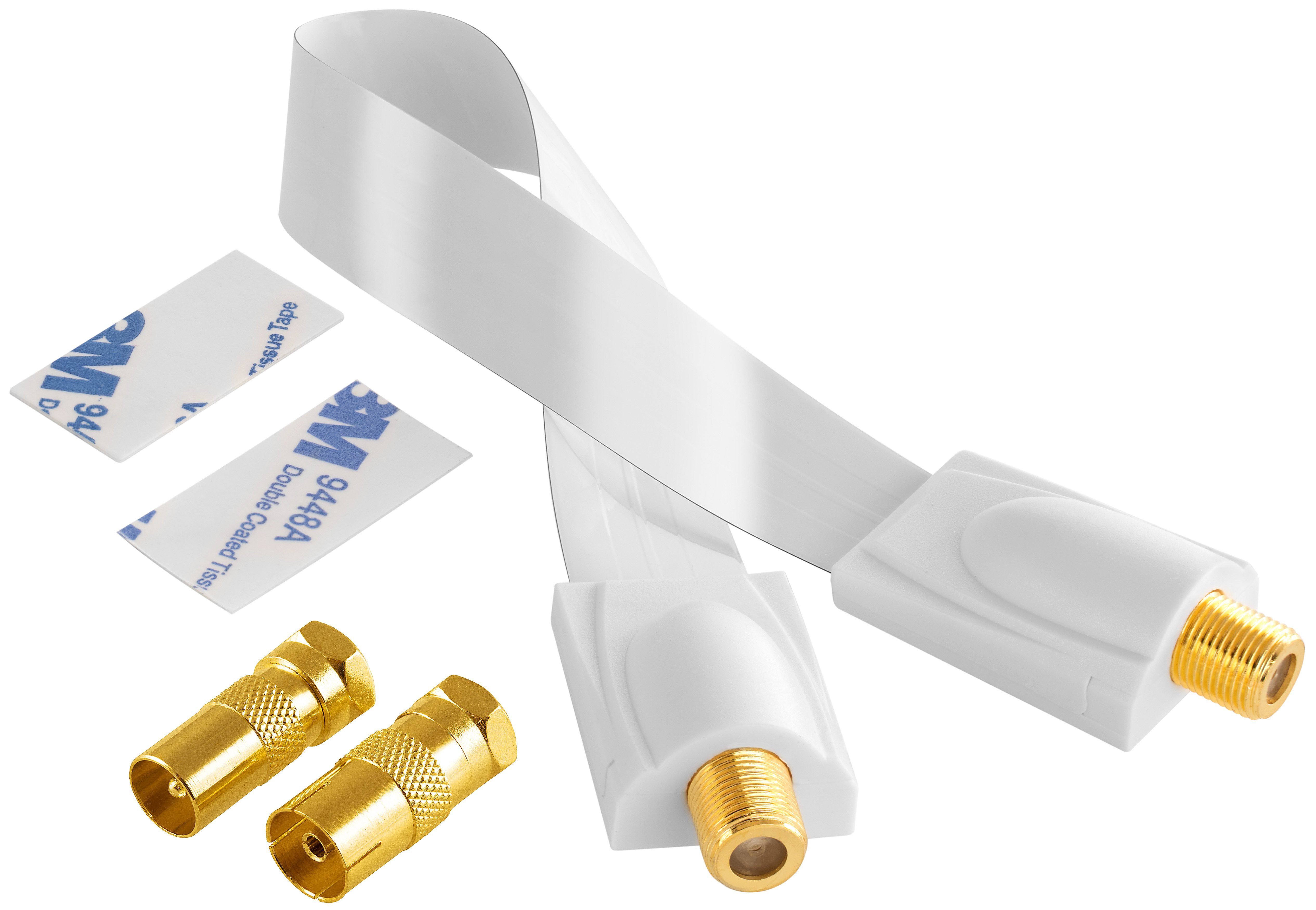 Poppstar SAT Fensterdurchführung (Koax Kabel flach 0,2mm) für Fenster & Türen SAT-Kabel, (28 cm), 2x F-Stecker (1 Antennenstecker, 1 Antennenbuchse), 2 Klebepads, weiß