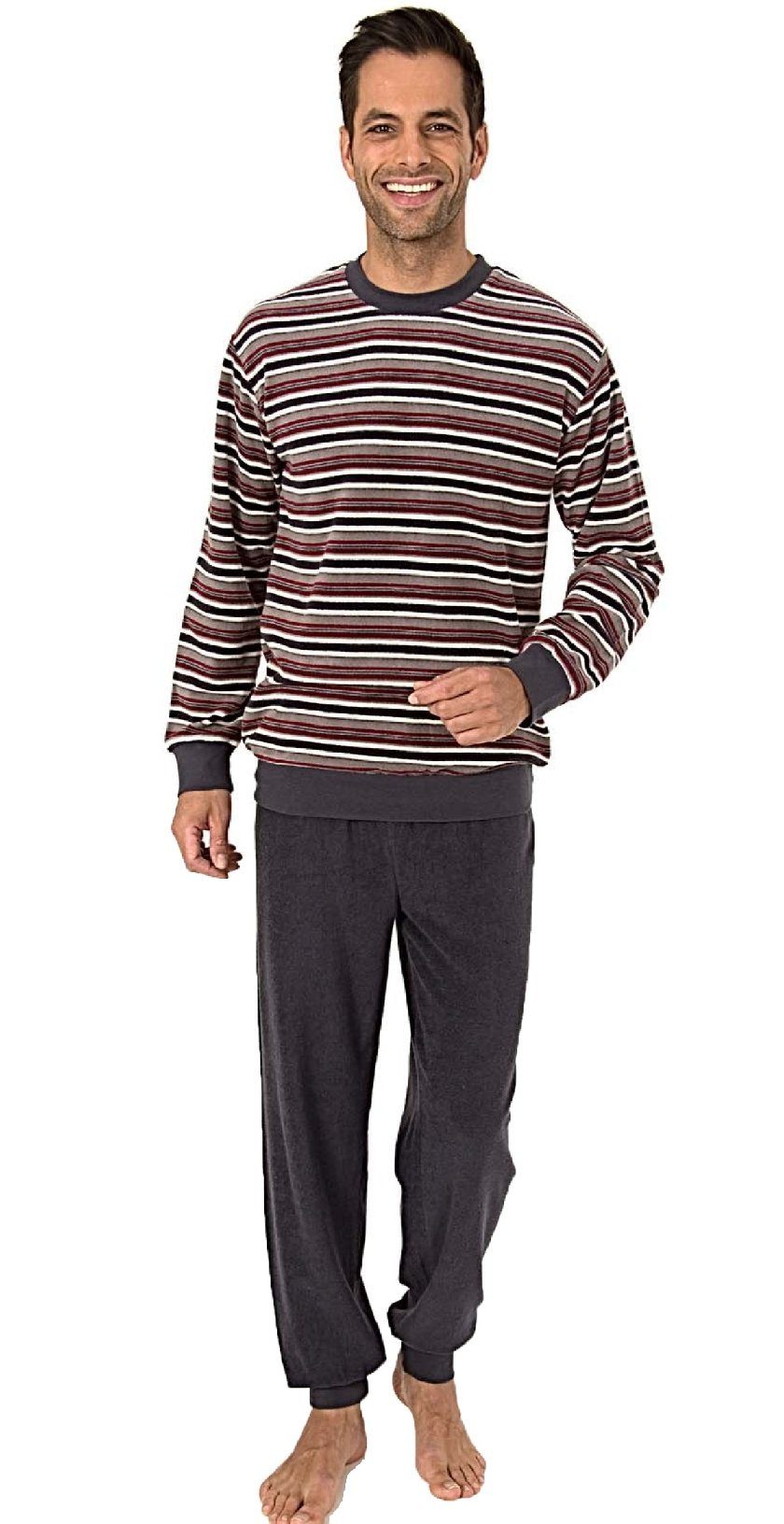 Normann Pyjama Herren Frottee Pyjama langarm mit Bündchen in Streifenoptik