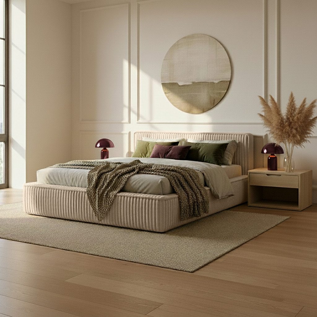 thematys Polsterbett mit Bettkasten, CLOUD 140x200 160x200 180x200 200x200cm (Kopfteil im Modernen-Look – weich, modern und pflegeleicht), hochwertiger Bouclé-Stoff in Ash, Weiß, Beige und Kreme, Inklusive Lattenrost: Holzrahmen,hochwertiger Stoff), hydraulische Klappfunktion für Stauraum
