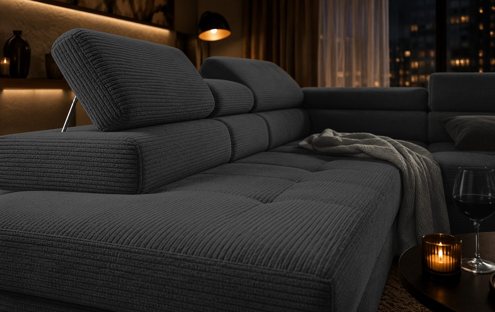Goldstoff Ecksofa mit Schlaffunktion, Cord Couch für Wohnzimmer - Cord Ecksofa, Cord Sofa VOYAGE 2 Teile, Großer Bettkasten