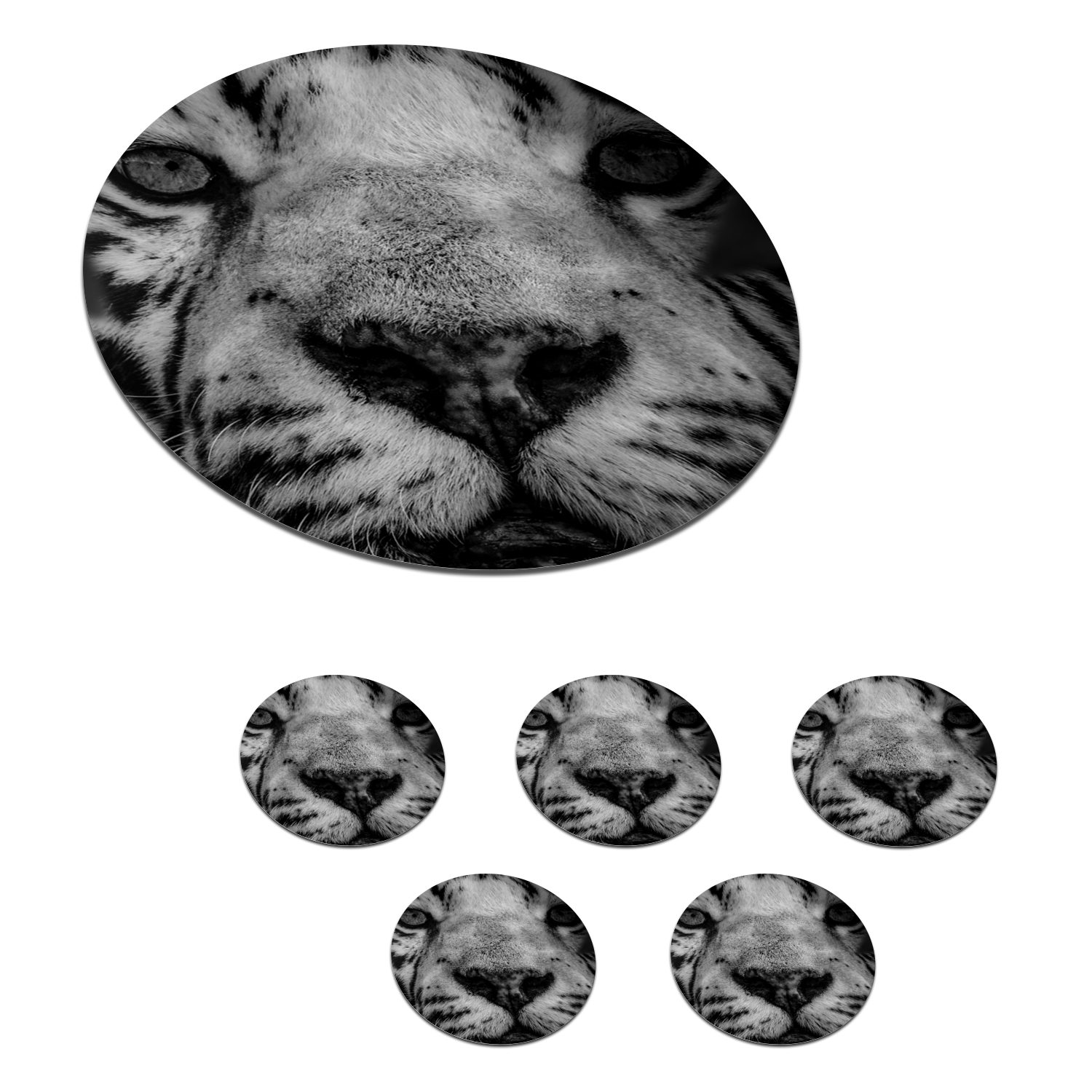 MuchoWow Glasuntersetzer Dschungel - Tiger - Schwarz - Weiß, Zubehör für Gläser, 6-tlg., Getränkeuntersetzer, Tassenuntersetzer, Korkuntersetzer, Tasse, Becher