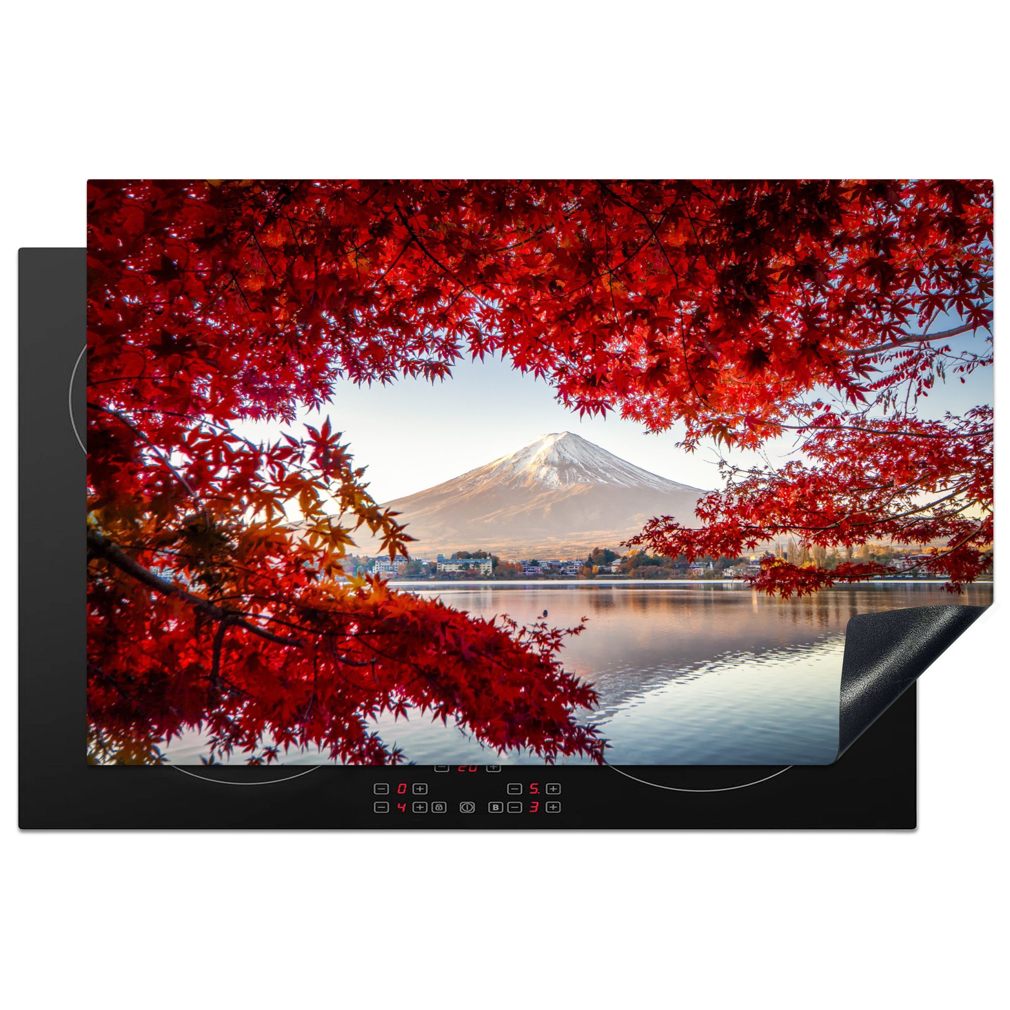 MuchoWow Herdblende-/Abdeckplatte Der Berg Fuji durch rote Blätter in Japan gesehen, Vinyl, (1 tlg), 81x52 cm, Induktionskochfeld Schutz für die küche, Ceranfeldabdeckung