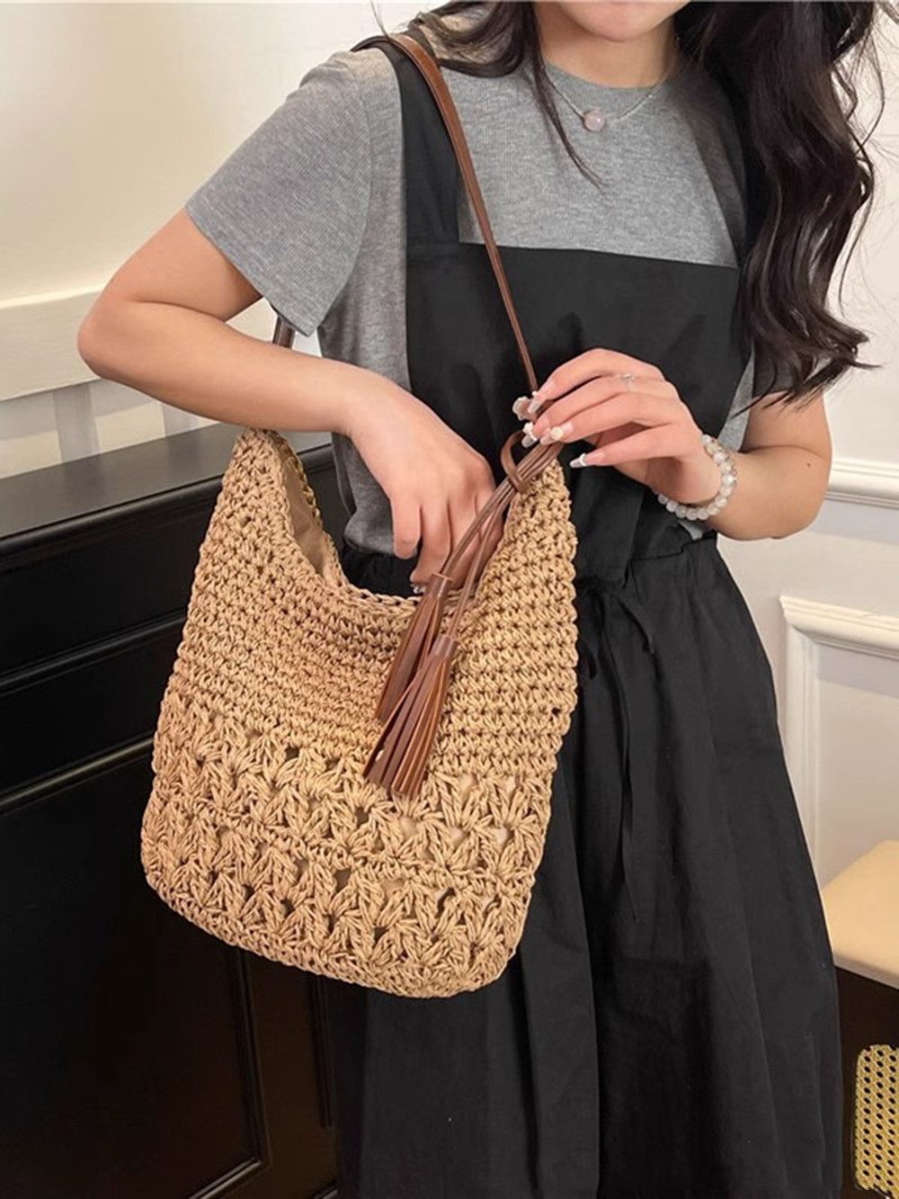 Zaewry Umhängetasche Schultertasche,Strandtasche, Tragetasche, Korbtasche, Minibag, Henkeltasche, Bast-Optik, Sommertasche, Crossbody Bag