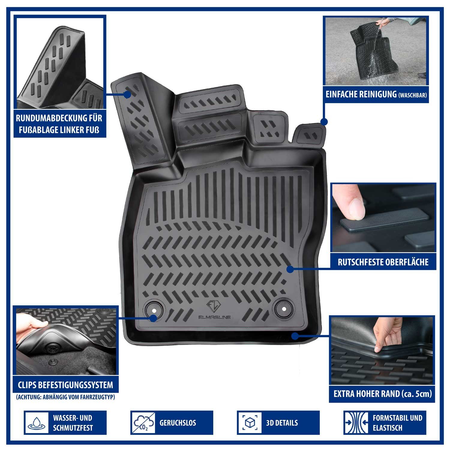 ELMASLINE Auto-Fußmatten Gummi (4 St), für FIAT PANDA (2012-2024) - 3D  Gummimatten mit extra hohem Rand für mehr Schutz - Passend für Baujahre:,  2012 - 2024