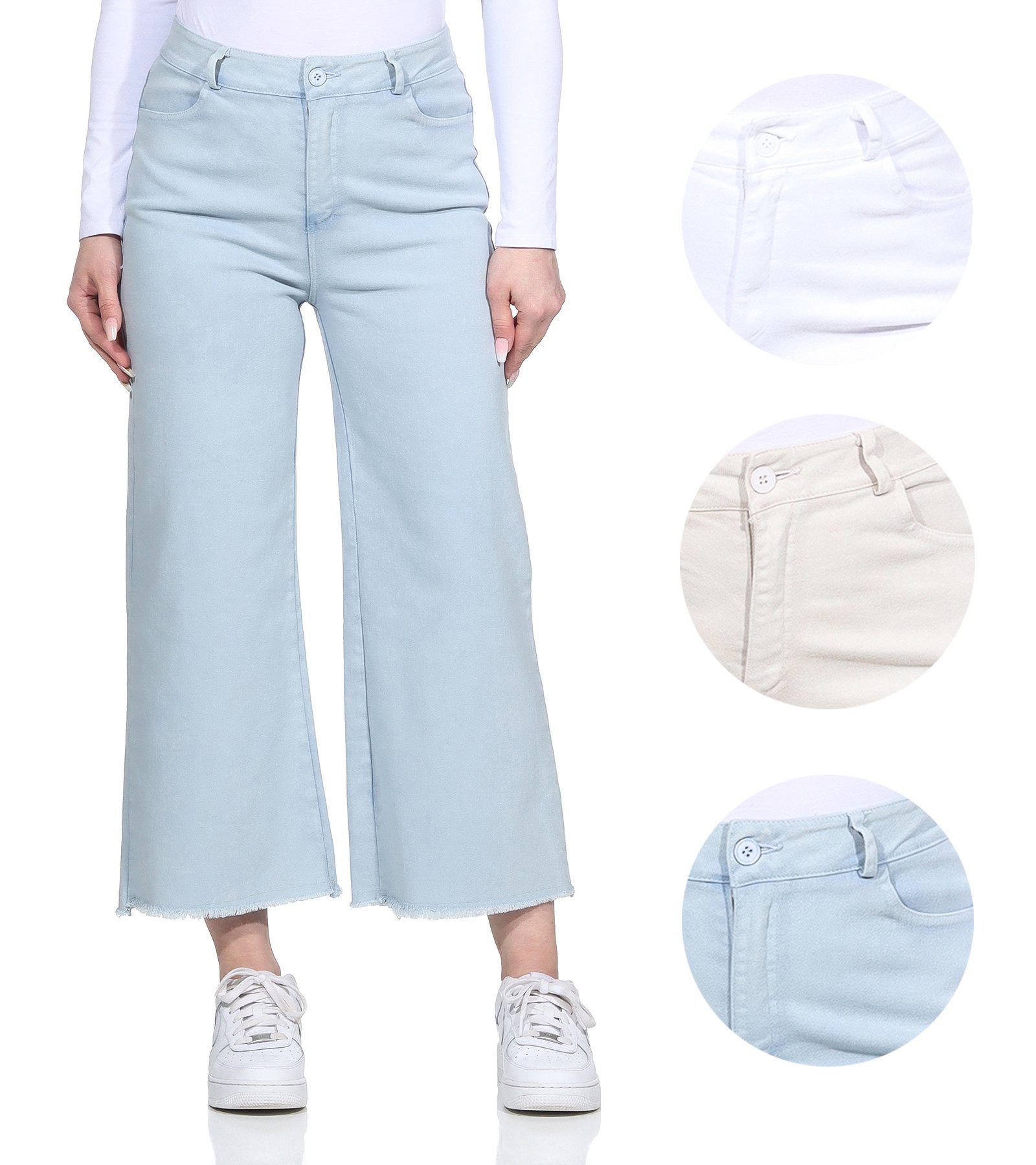 Weite Jeans Damenmode 100% Damen Aurela knöchelfrei, mit Culotte Hellblau Baumwolle für Jeans Gürtelschlaufen, Leg Wide
