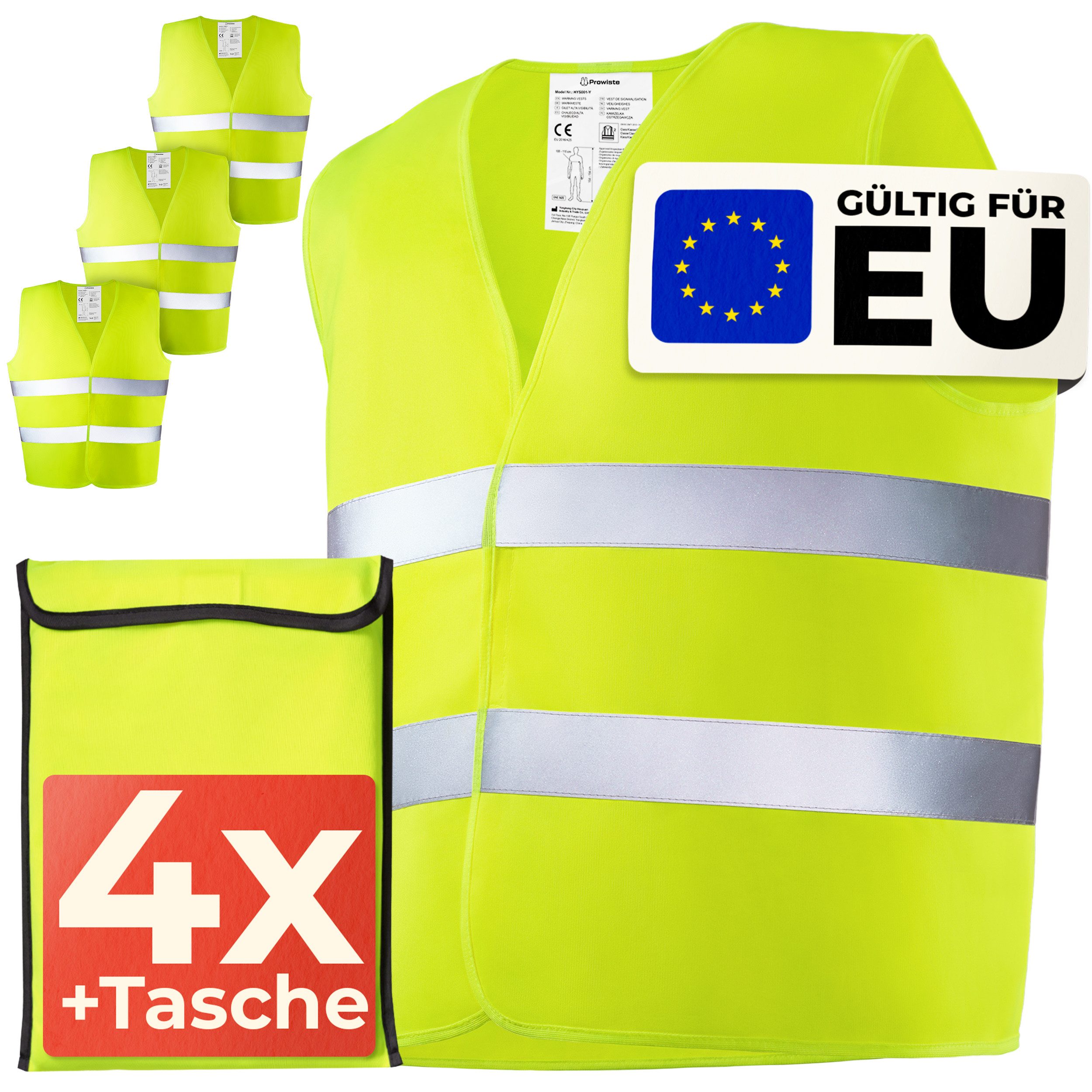 Prowiste Warnweste 4 Warnwesten Auto Set mit Tasche – Geprüfte EN ISO 20471 Geprüfte EN (Set mit kompakter Tasche, 4-tlg) Für Herren Damen - 2024 TÜV Geprüft - StVO konform - High Visiblity