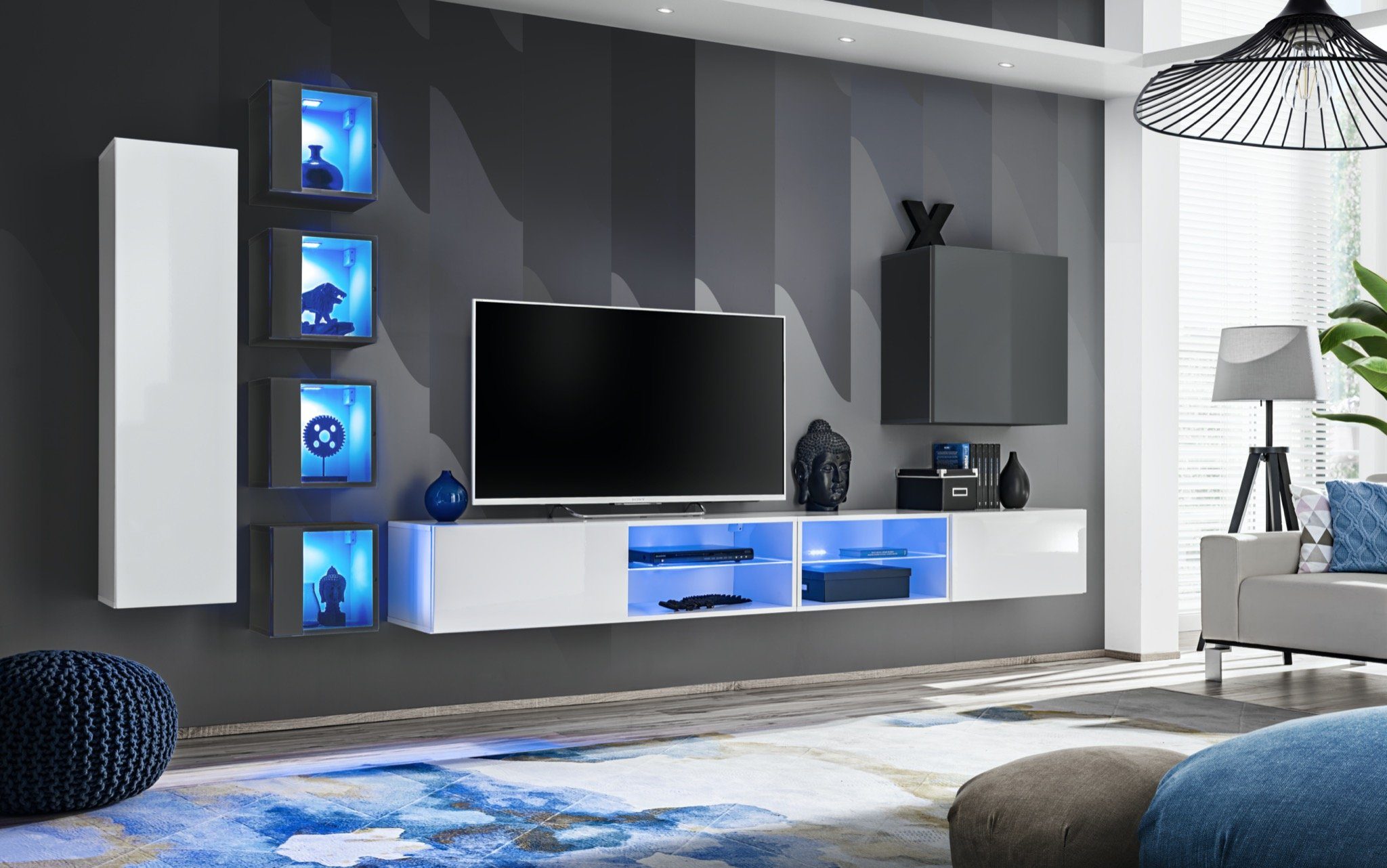 JVmoebel Wohnwand Designer Wohnwand Wandschrank TV Ständer Set Wohnzimmermöbel, (8-St., 2x TV Ständer + 6x Wandschrank), LED beleuchtet