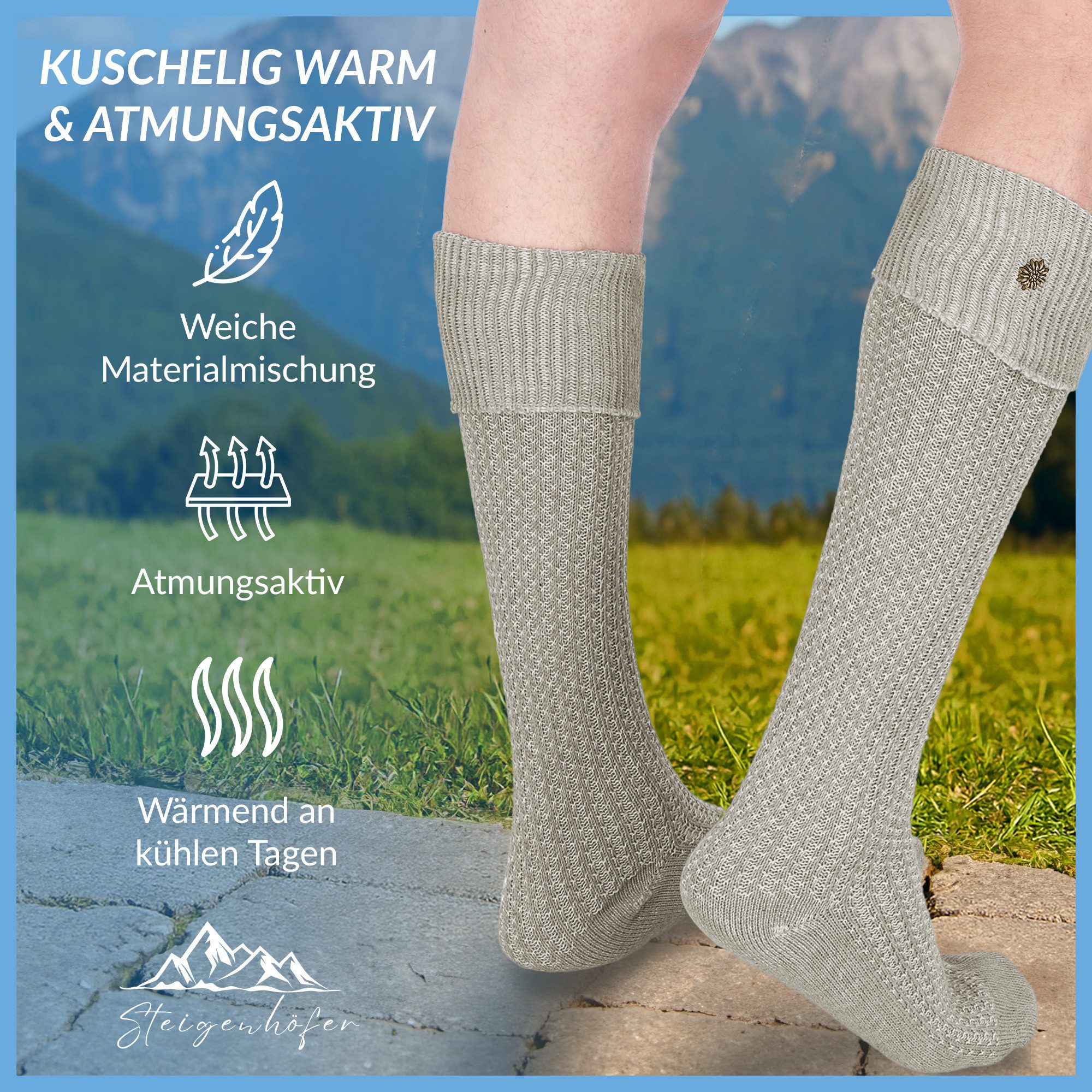 Steigenhöfer Manufaktur Trachtensocken für Herren und Damen – Socken mit Zopfmuster und Edelweißanstecker Oktoberfest Strümpfe aus Baumwolle für Männer & Frauen