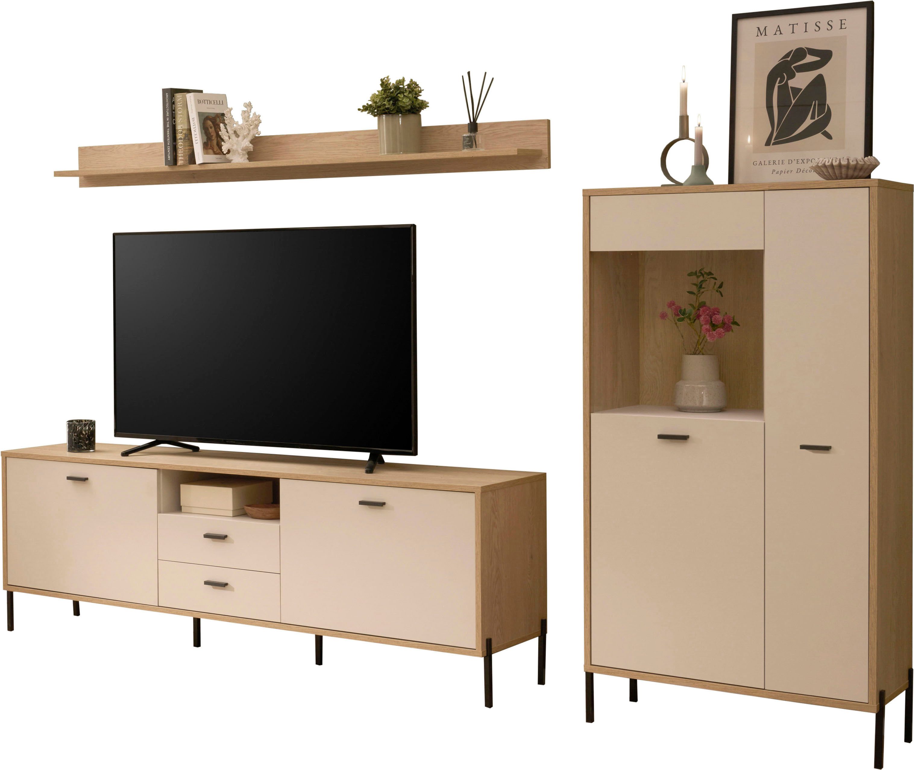 Home affaire Wohnwand Fredericia, moderne Anbauwand, Komplettset in Kaschmir, (Set, 3-St), enthält Vitrine, Lowboard und Wandboard, 285 cm breit