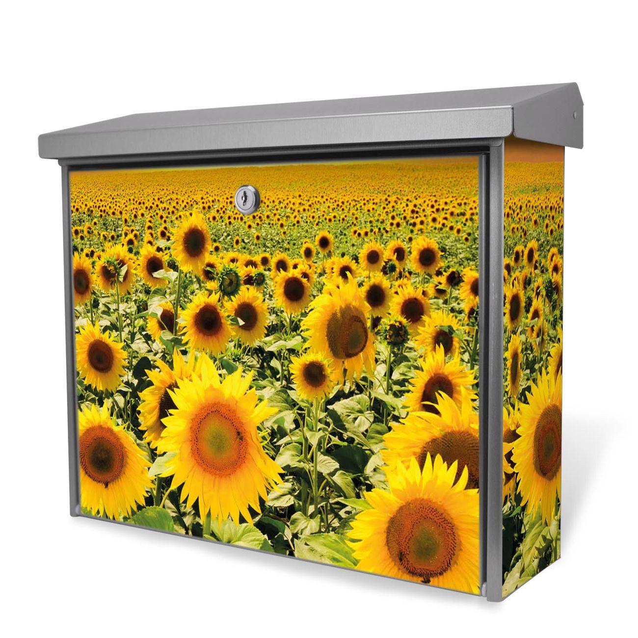 banjado Wandbriefkasten Edelstahl Sonnenblumenmeer (Wandbriefkasten, ohne Zeitungsfach), 31,5 x 38 x 12 cm