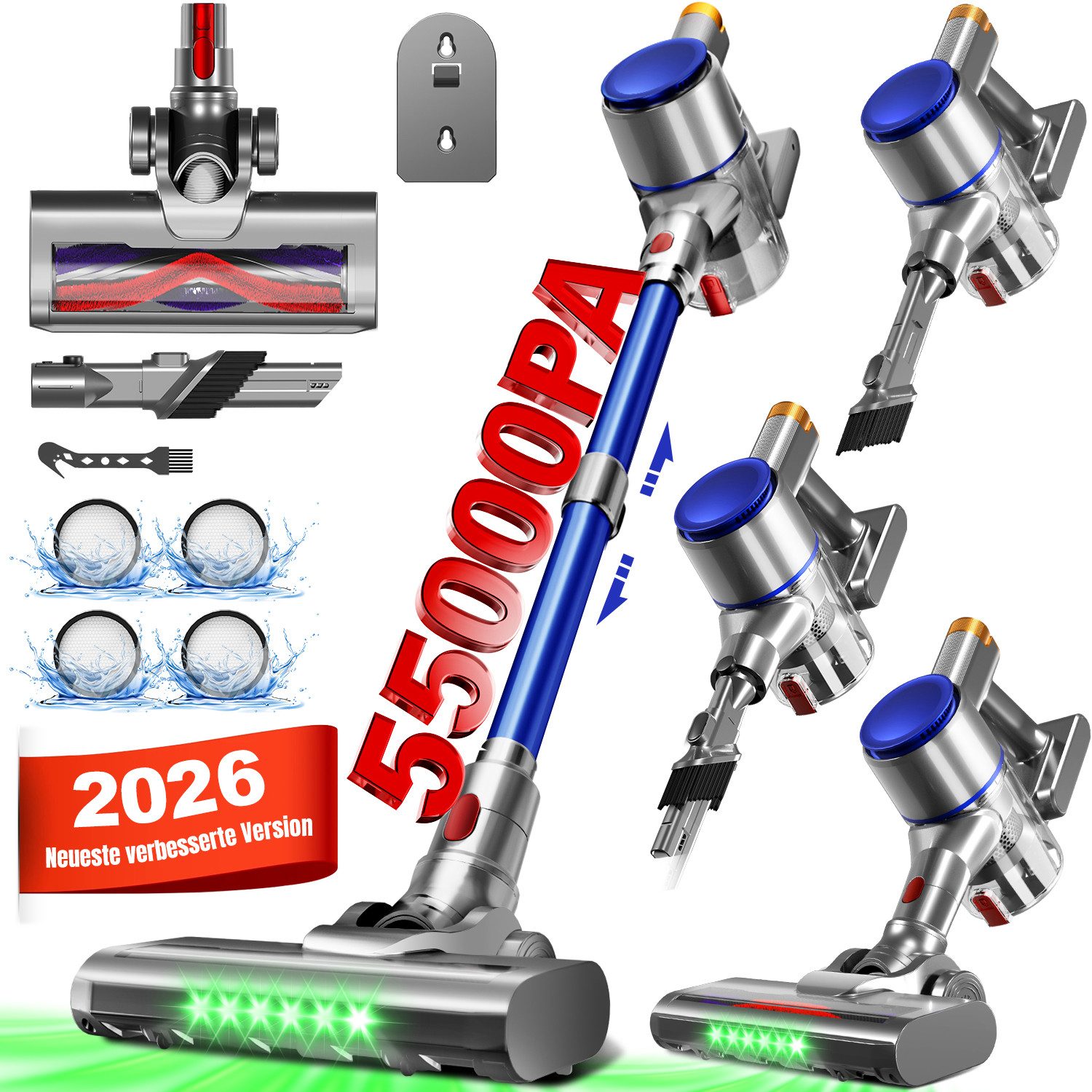 Adormii Akku-Hand-und Stielstaubsauger Akku staubsauger 55000Pa/50Min, Staubsauger Kabellos HEPA*4, 5-stufiges-8-Loch-Filtersystem,LED und V-förmige Anti-Tangle-Bürste, 58dB leise,für Teppich,Hartböden&Tierhaare