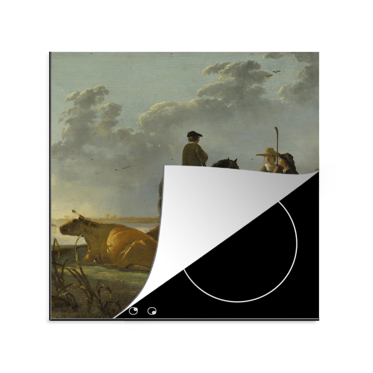 MuchoWow Herdblende-/Abdeckplatte Landwirt mit vier Kühen an der Merwede - Aelbert Cuyp, Vinyl, (1 tlg), 78x78 cm, Ceranfeldabdeckung, Arbeitsplatte für küche
