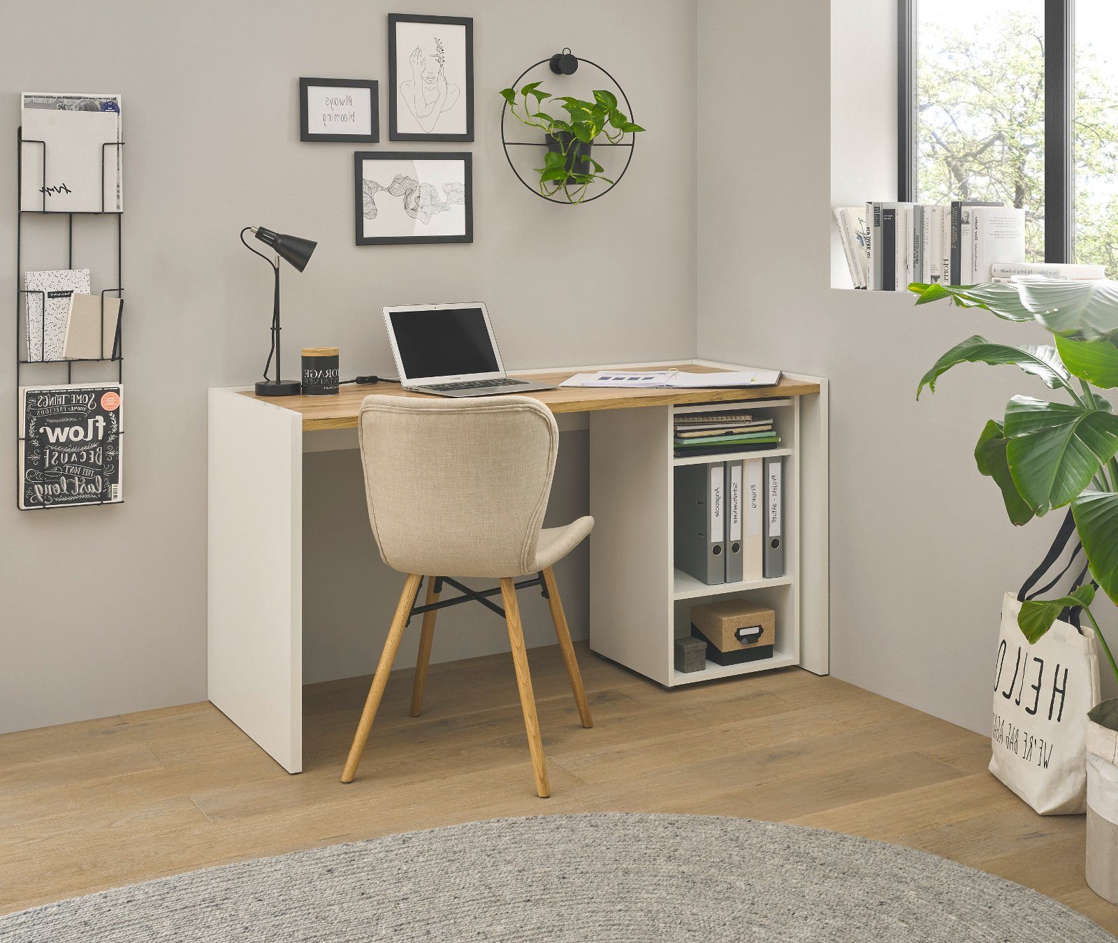 Furn.Design Schreibtisch Center (Set inklusive Container, 2-teilig, weiß und Wotan Eiche), Melaminbeschichtung