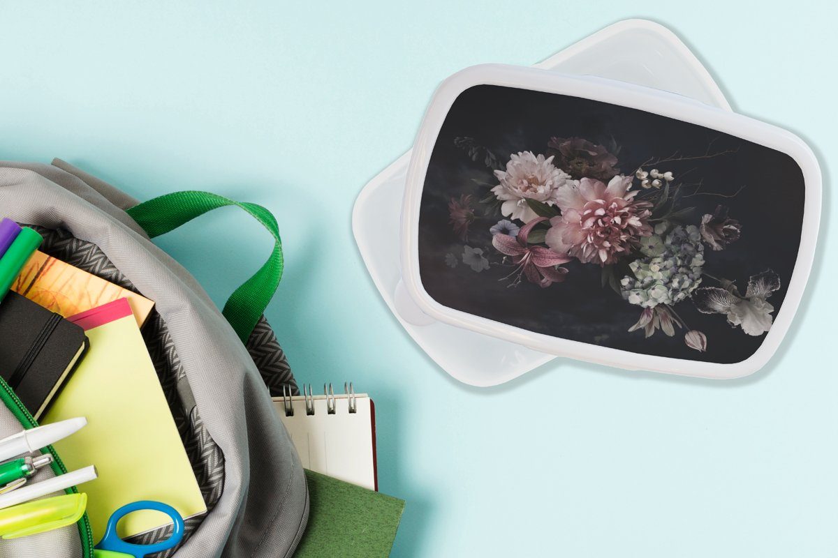 MuchoWow Lunchbox Blumen Pastell Jungs Brotdose, - Vintage Brotbox und - für weiß - Erwachsene, (2-tlg), Schwarz für und Mädchen Blumenstrauß, Kunststoff, - Kinder