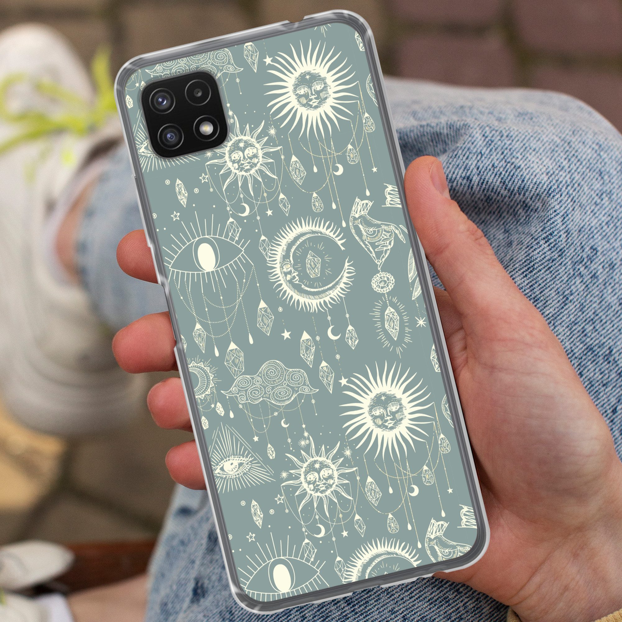 MuchoWow Handyhülle für Samsung Galaxy A22 5G Boho - Druck - Blau - Sonne - Augen - Zen, Smartphone-Bumper, Print, Handy Schutzhülle Dünn