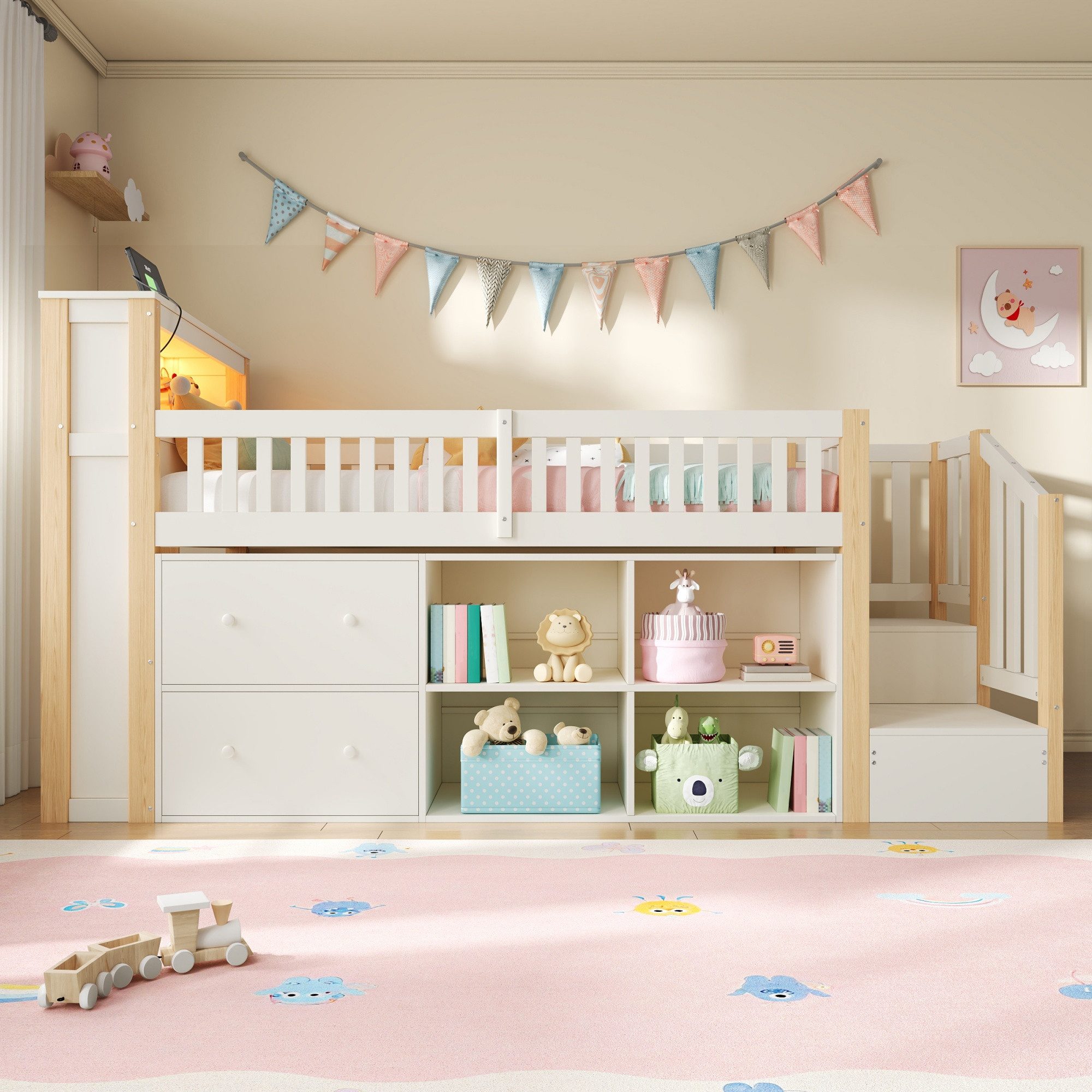 Merax Kinderbett 90x200cm mit LED-Beleuchtung und USB-Anschluss, Kiefernholz Hochbett (1-tlg), Halbhohes Bett Stauraumbett mit Schubladen Leiterschrank Regalen