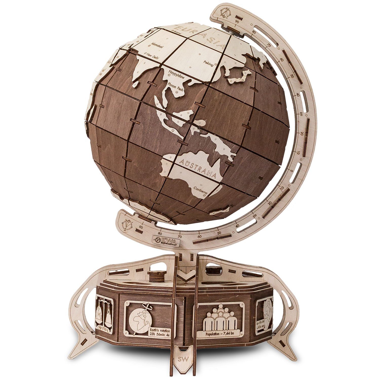 Eco Wood Art 3D-Puzzle Globus - braun – mechanischer Modellbausatz aus Holz, Puzzleteile