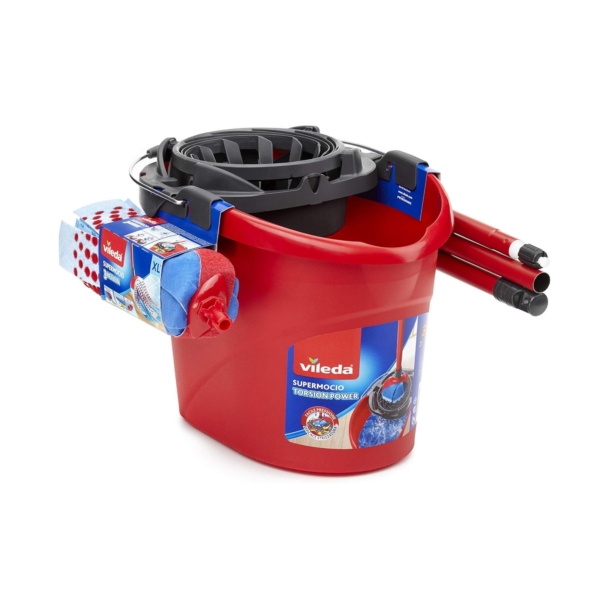Vileda Reinigungs-Set SuperMocio 3 Action Komplett Set Wischmop mit Eimer, (Wischmop-Set von Vileda, 2-St., Komplett-Set Wischmop, Stiel und Eimer Auswringfunktion), 3-Action-Fasern, hohe Schmutzaufnahme, integrierte Auswringfunktion