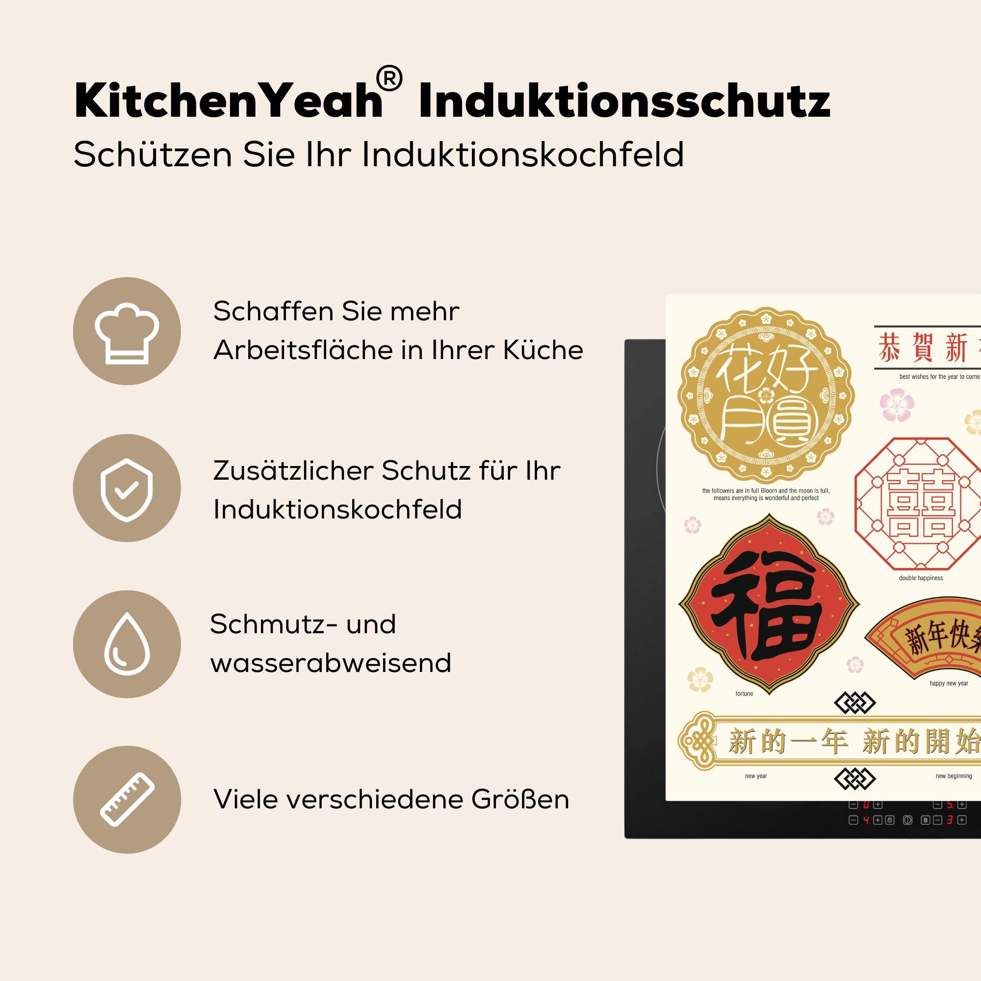 MuchoWow Herdblende-/Abdeckplatte Chinesische Texte (1 tlg), Arbeitsplatte Vinyl, für küche mit cm, Bedeutungen, Ceranfeldabdeckung, 78x78
