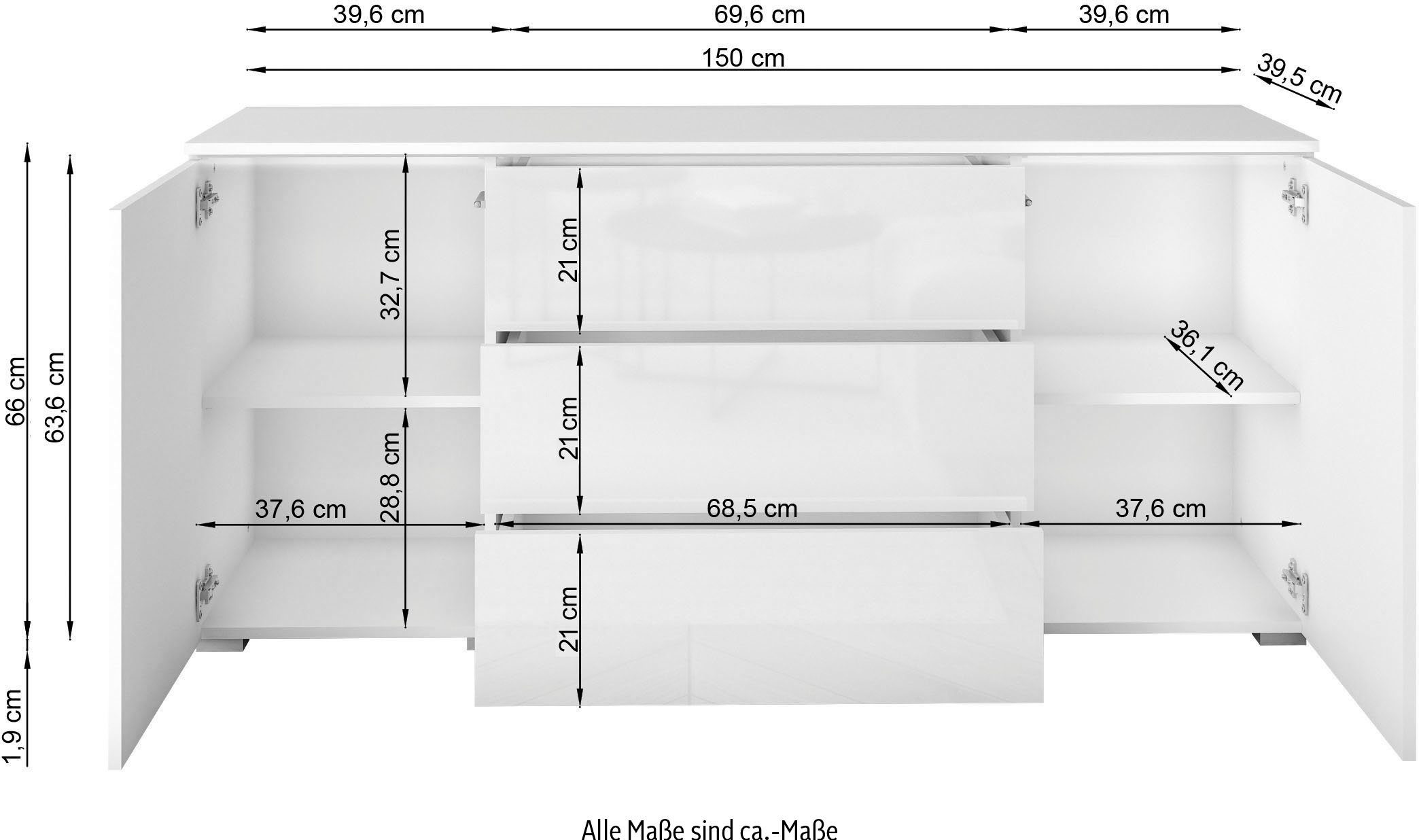 INOSIGN Sideboard Vera, Breite 150 cm Hochglanz Betonoptik/weiß