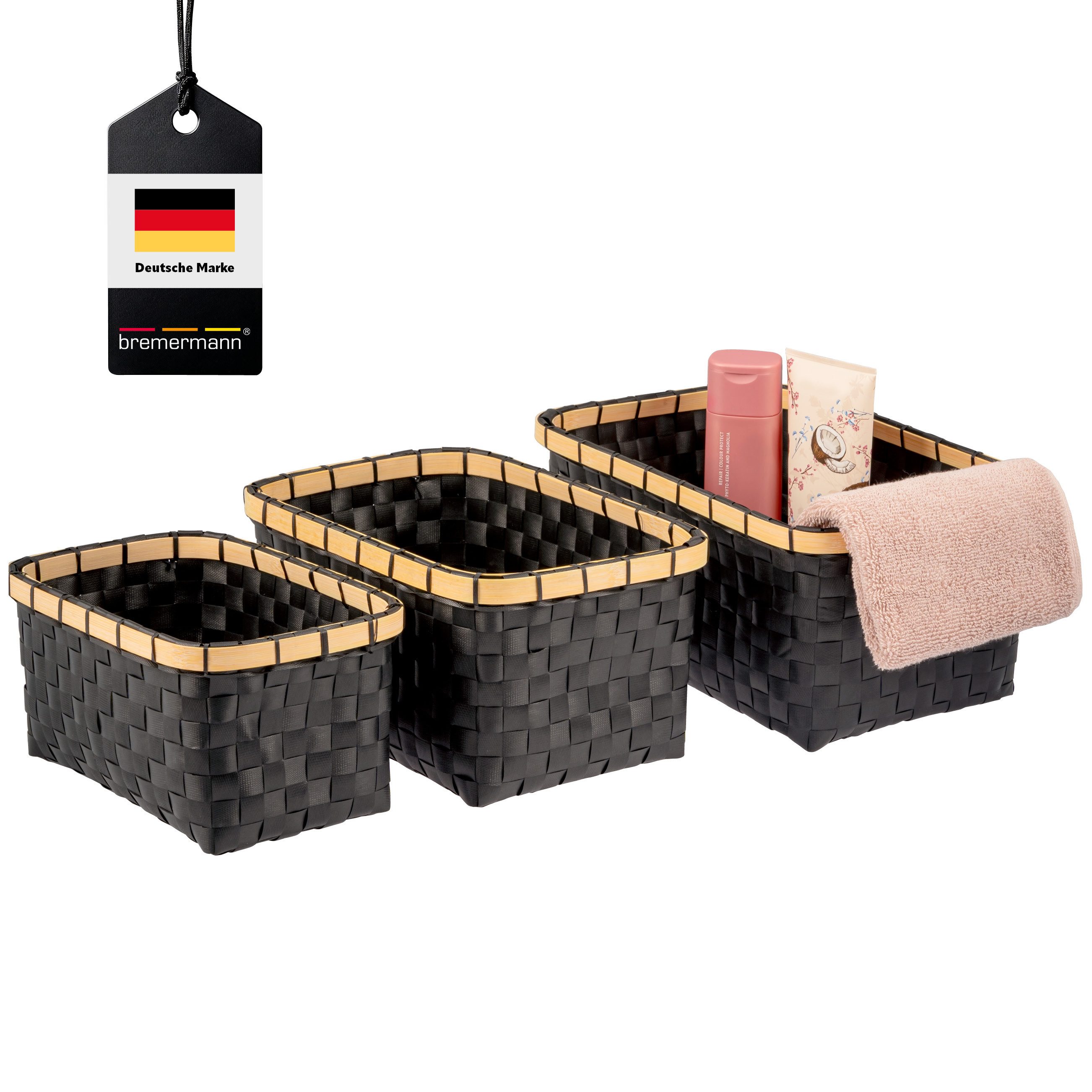 bremermann Aufbewahrungskorb Aufbewahrungskörbe 3er Set, Bambus/PP-Streifen, 25,5 + 28 + 31 cm (3 St., 3 verschiedene Größen)