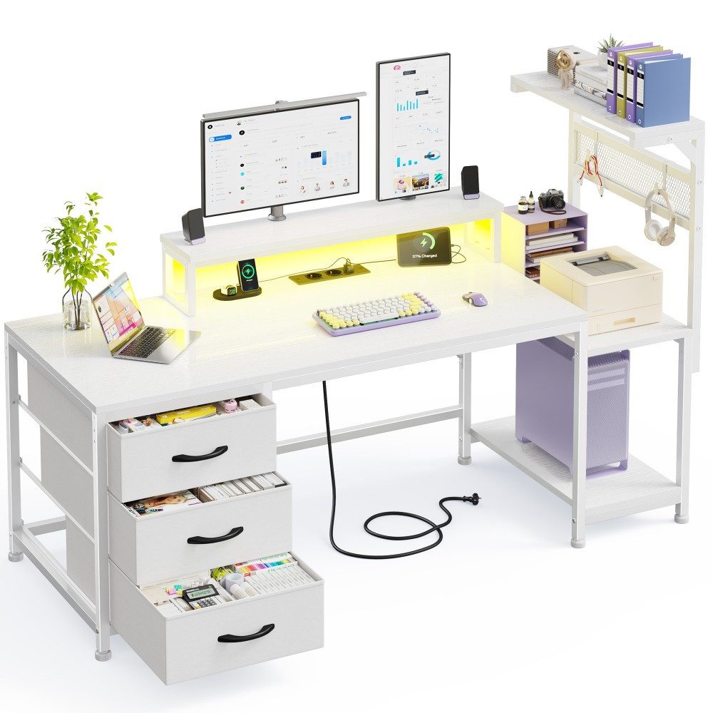 Klyvvo Schreibtisch Rechteckig Schreibtisch mit Bücherregal für Homeoffice (1-St., Umkehrbar Computertisch mit 3 Schubladen, Monitorständer, LED), USB-Ladeanschluss und Steckdose, Kopfhörerhaken, 140×50cm, Weiß