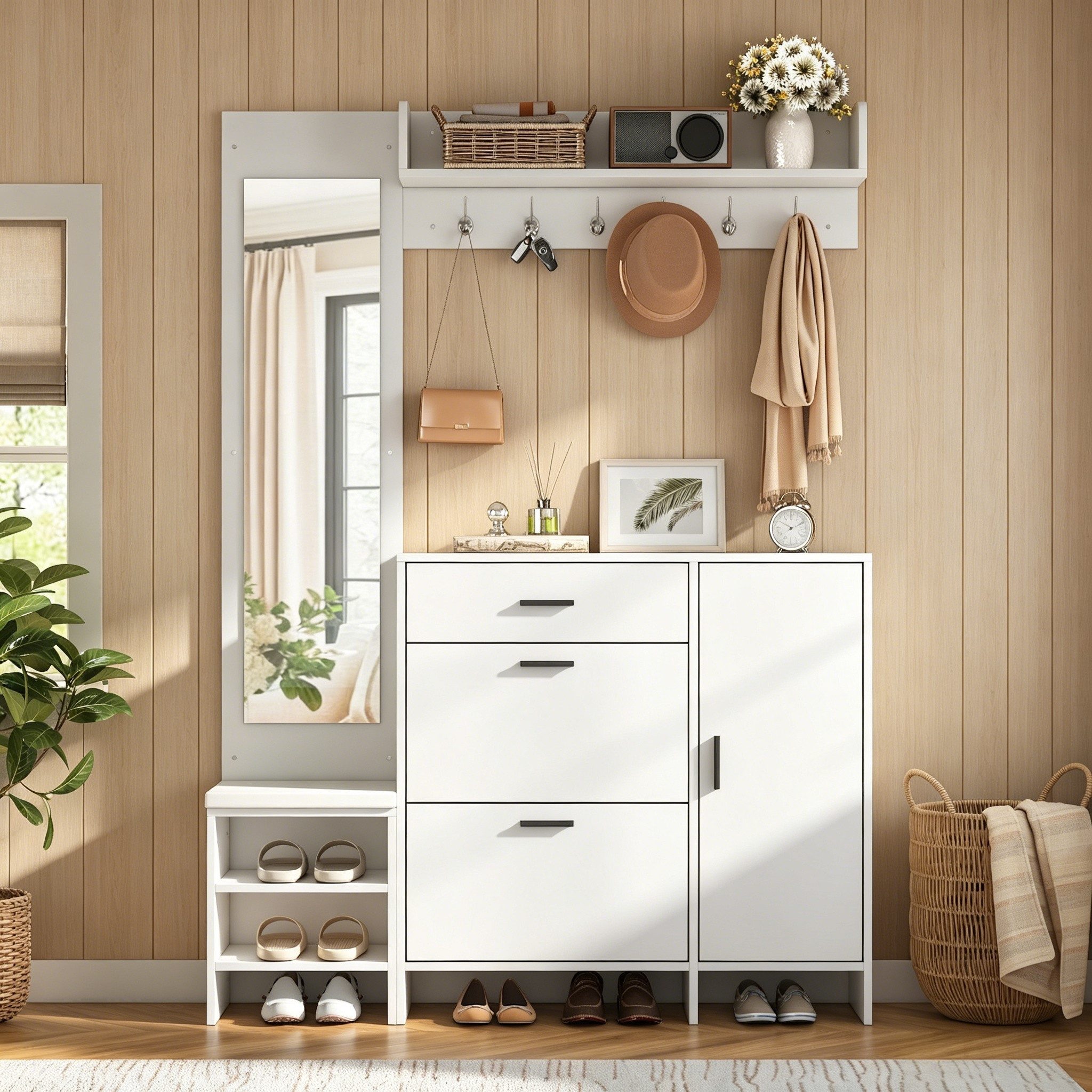HAUSS SPOLE Garderoben-Set mit Schuhschrank,Kleiderhaken und Spiegel,Garderobenständer in Weiß, (Garderobenpaneel Eingangsbereich-Schrank mit Stauraumsystem), Multifunktionale Garderobenschrank (140×30×200cm)