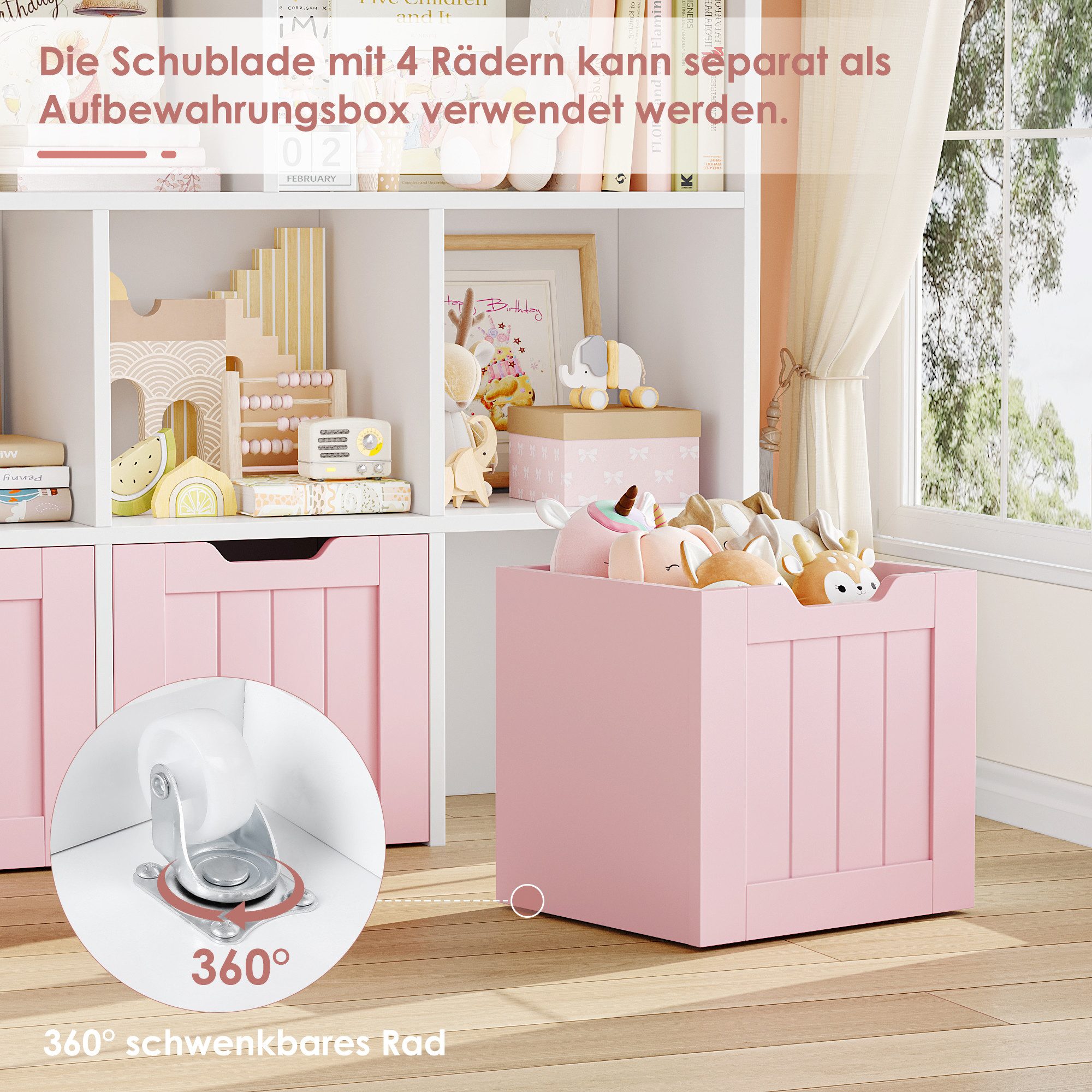 Homfa Kinderregal mit 3 Spielzeugkisten auf Rollen, Spielzeugregal mit 5 offenen Fächern Spielzeugtruhe 100x89.5x33cm weiß – Bild 5 von 5