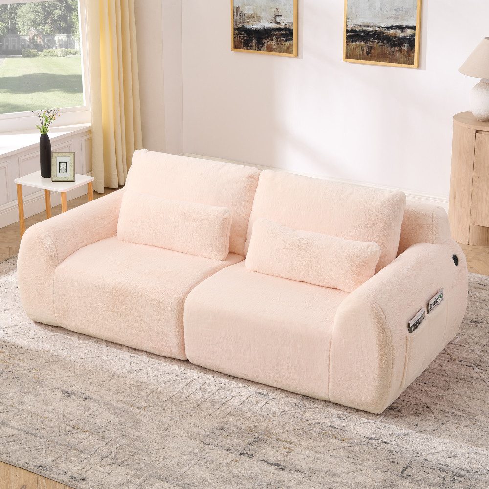 BBWL Sofa mit USB-Ladeanschluss, Magazintasche & Komfortpolster, 2-Sitzer Sofa aus Kaninchenfell-Kunststof