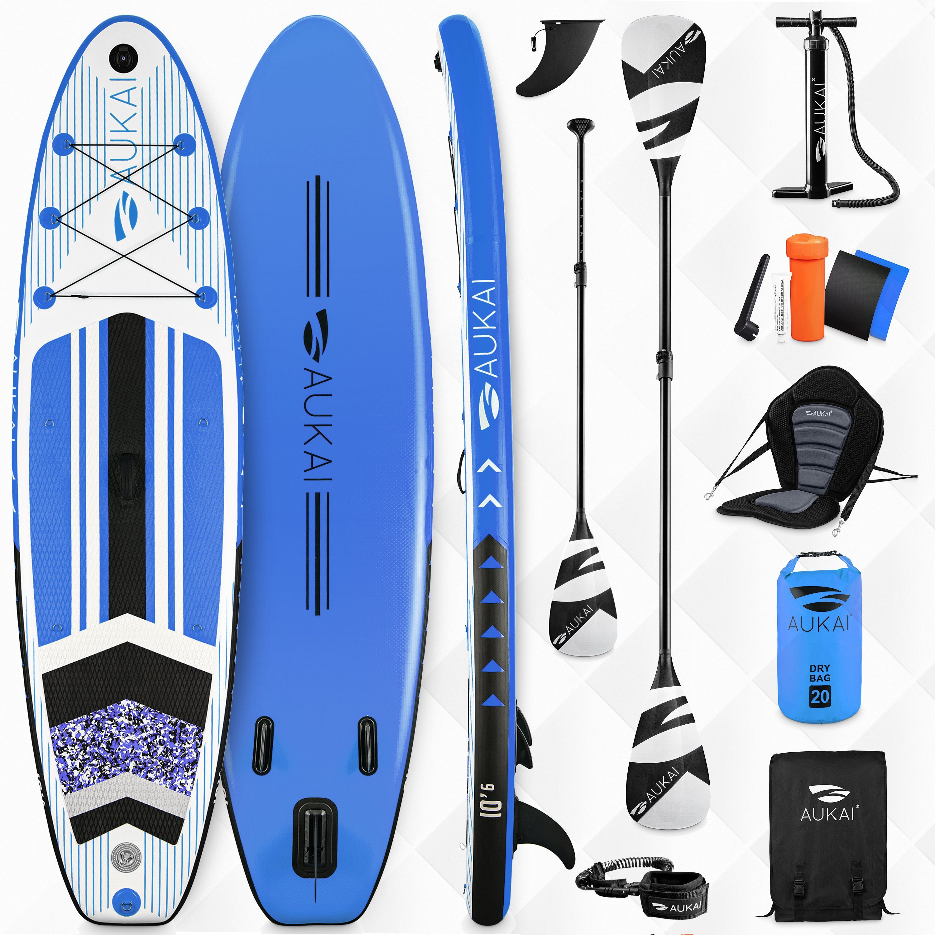 Aukai SUP-Board PRO 320cm, 2in1 Aufblasbares Stand up Paddle Set mit Kajak- Sitz, (Action-Cam-Halterung, Fußschlaufe, Pumpe, Rucksack, AquaBag),  Komplettsett - 5 Jahre Garantie