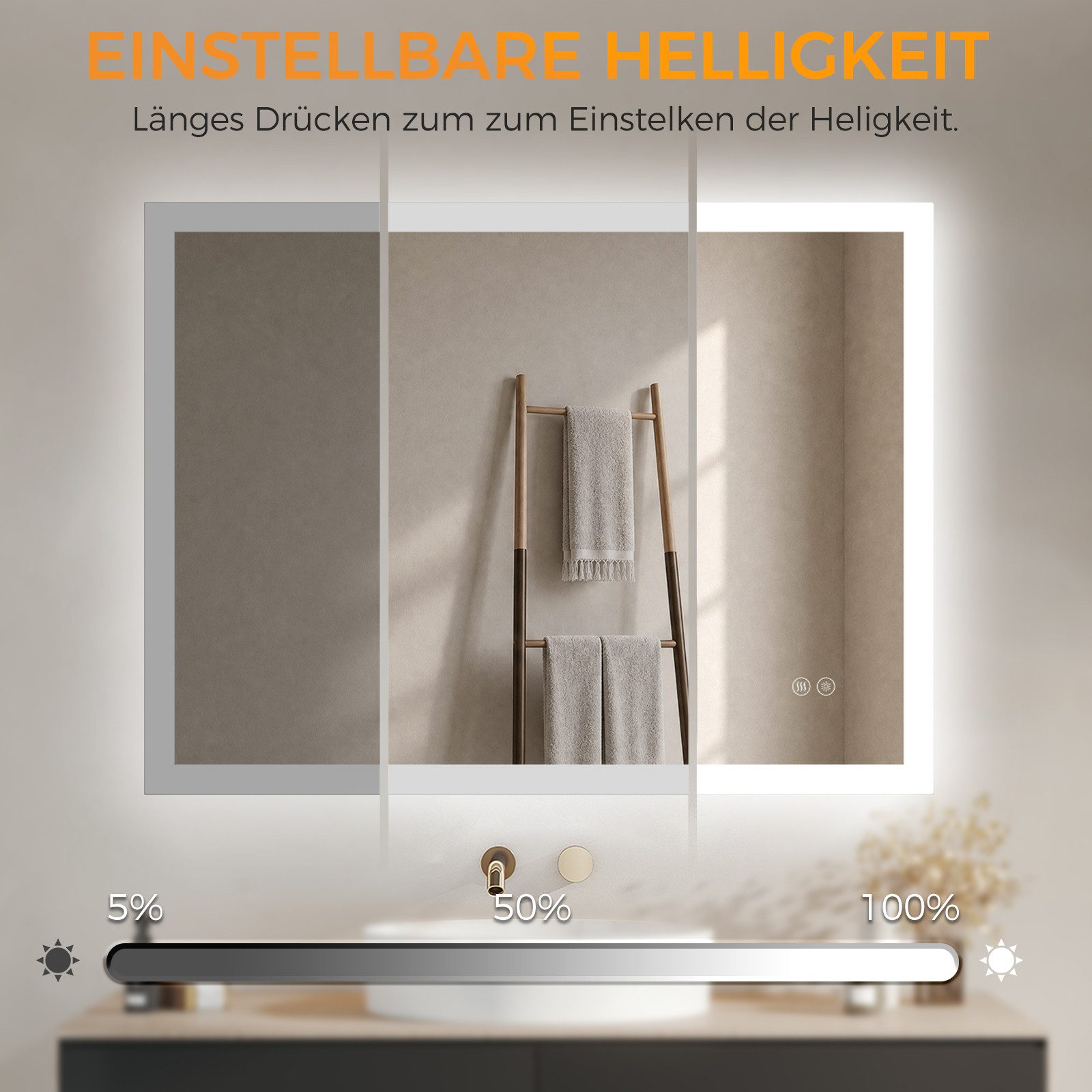 IMPTS Badspiegel LED Badezimmerspiegel Wandspiegel mit Beleuchtung Antibeschlag (Set, Speicherfunktion, Anti-Beschlag, 3 Lichtfarben, Dimmbar, Touch-Schalter),  – Bild 5 von 5