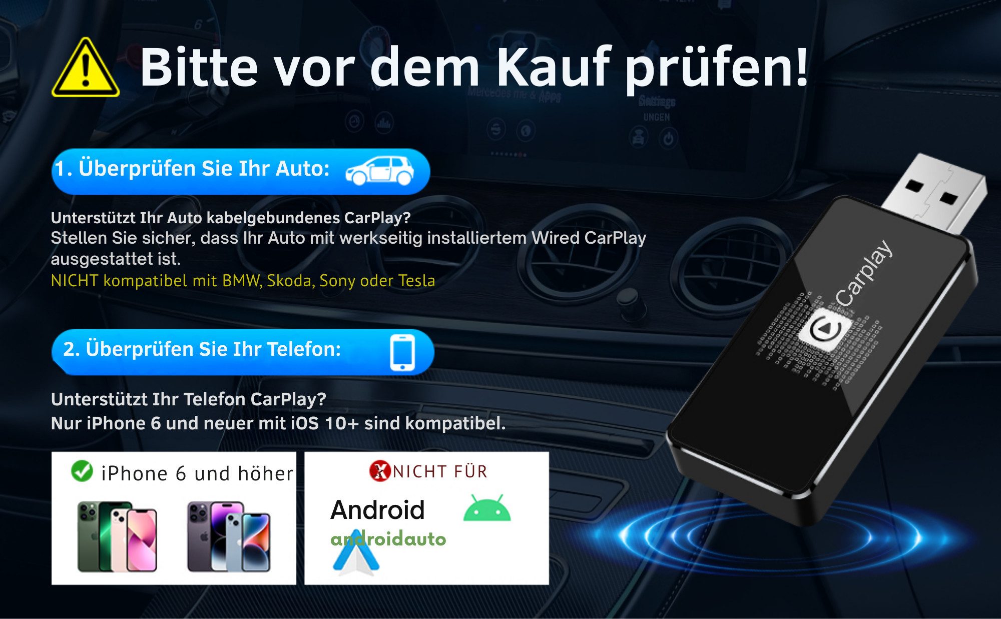 Vivitar CarPlay Wireless Adapte für iPhone – 2025 Neueste Version USB-Adapter 3,5-mm-Klinke zu USB Typ A, Wireless USB Carplay Stick Plug & Play für iOS 10+ Schnelle Verbindung
