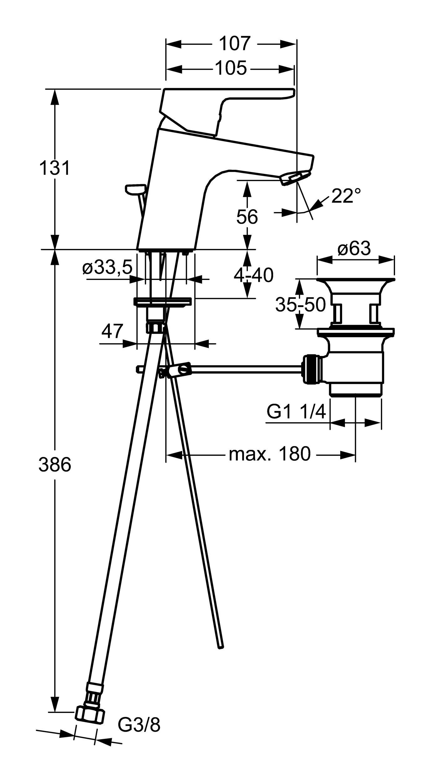HANSA Waschtischarmatur Hansaprimo 107 mm Zugstangen-Ablaufgarnitur mit Ausladung Einhand-Einlochbatterie