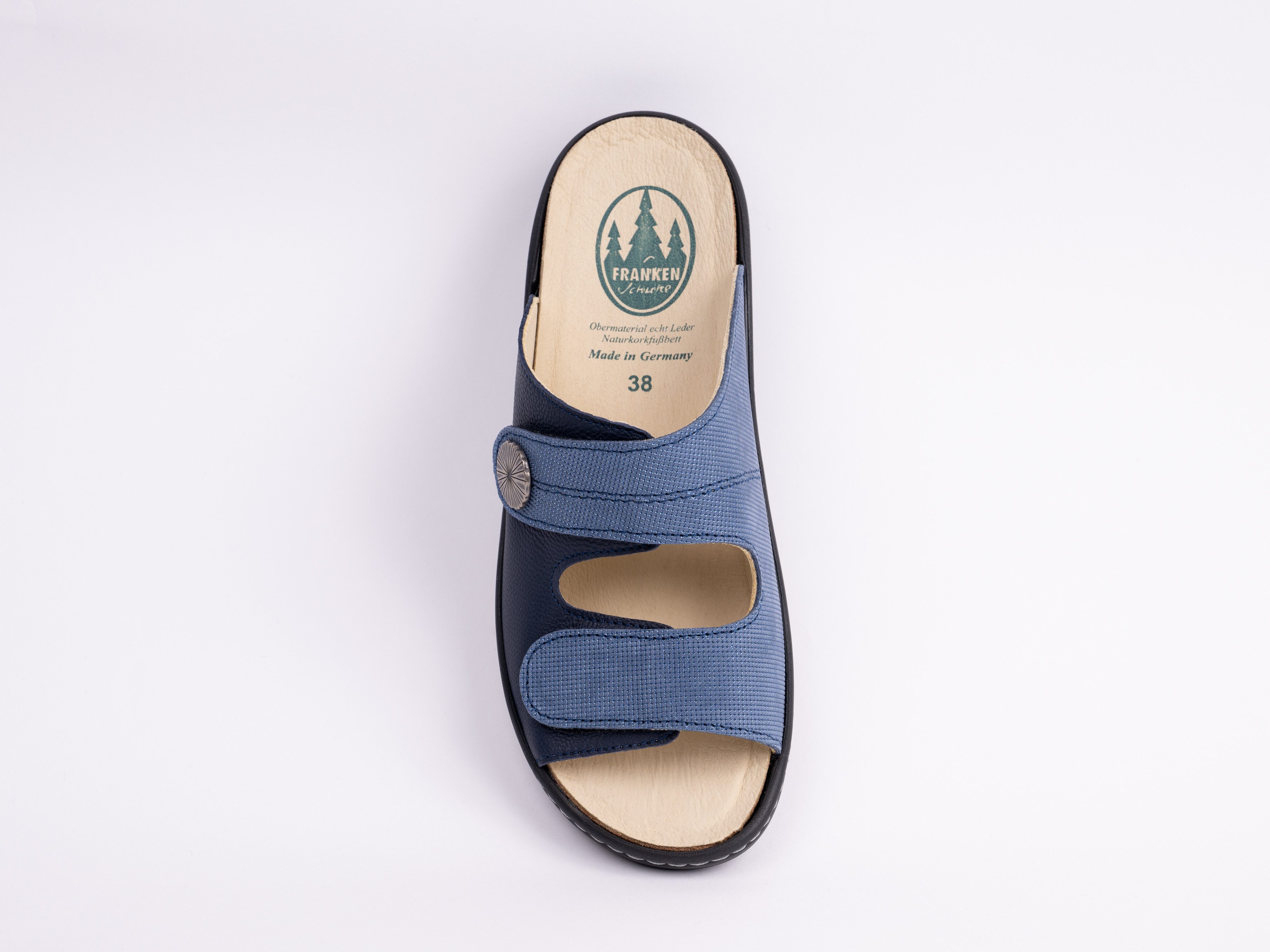 Franken-Schuhe Art. 3020-W40 Farbe: blue sky Damen Pantolette (lose Korkeinlage, Comfortweite "H", Made in Germay) echt Leder, lose Einlage, Weite "H"
