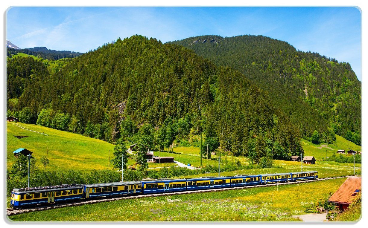 Wallario Frühstücksbrett Eisenbahn in einer Sommerlandschaft in der Schweiz, ESG-Sicherheitsglas, (inkl. rutschfester Gummifüße 4mm, 1-St), 14x23cm | Frühstücksbrettchen