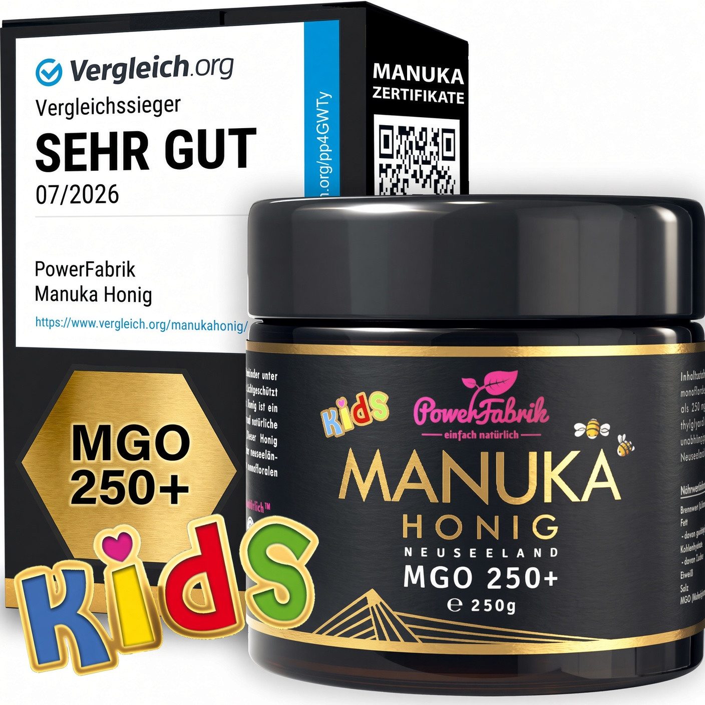 PowerFabrik Honig Manuka Honig MGO 250+ Kinder, 250g, Original aus Neuseeland, im Glas, 1 x