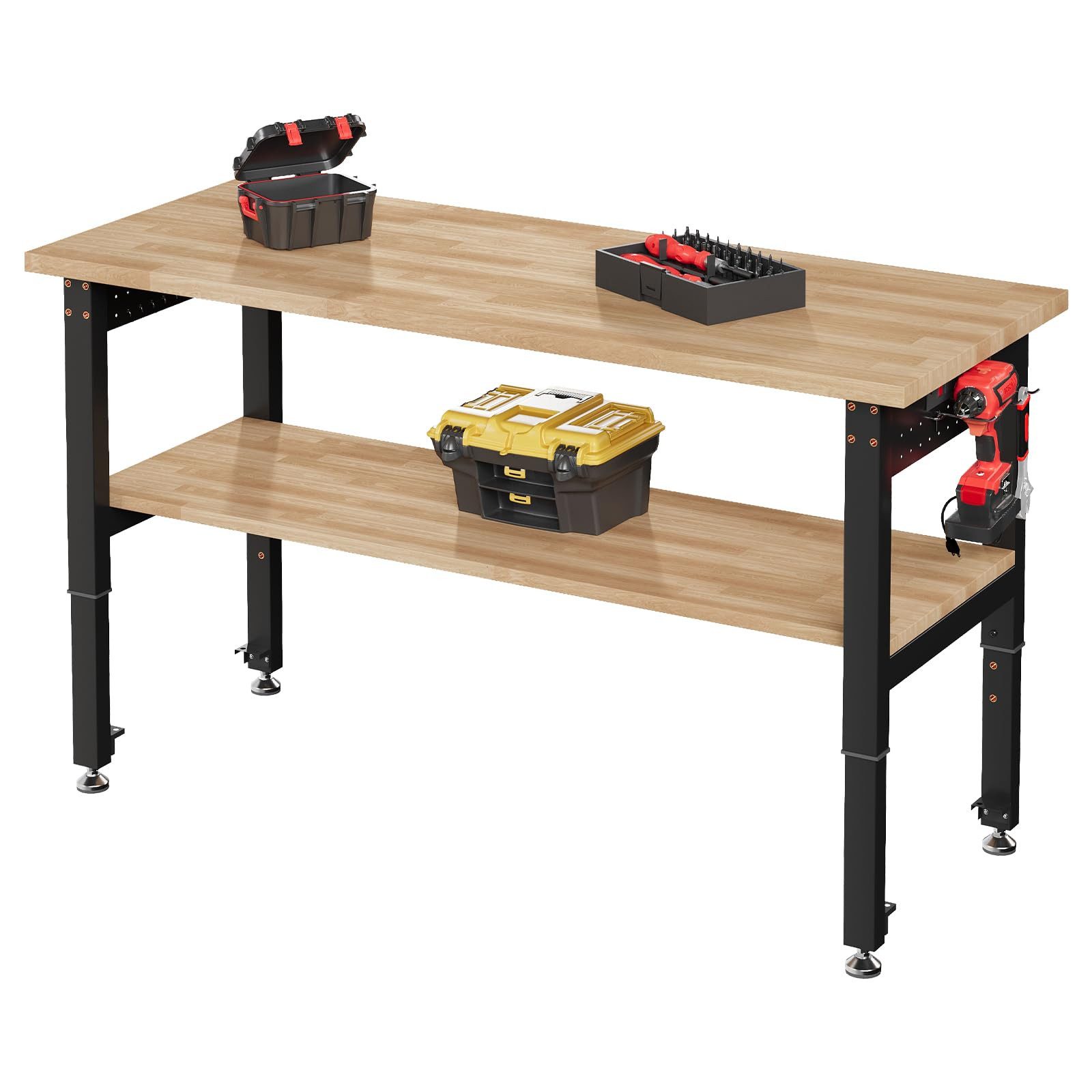 AMERLIFE Werkbank Werktisch Garagentisch Arbeitstisch, höhenverstellbar, 4 AC/2 USB, (1-tlg), 122x51 cm, 2-stufig, bis 1134 kg, Gummiholz