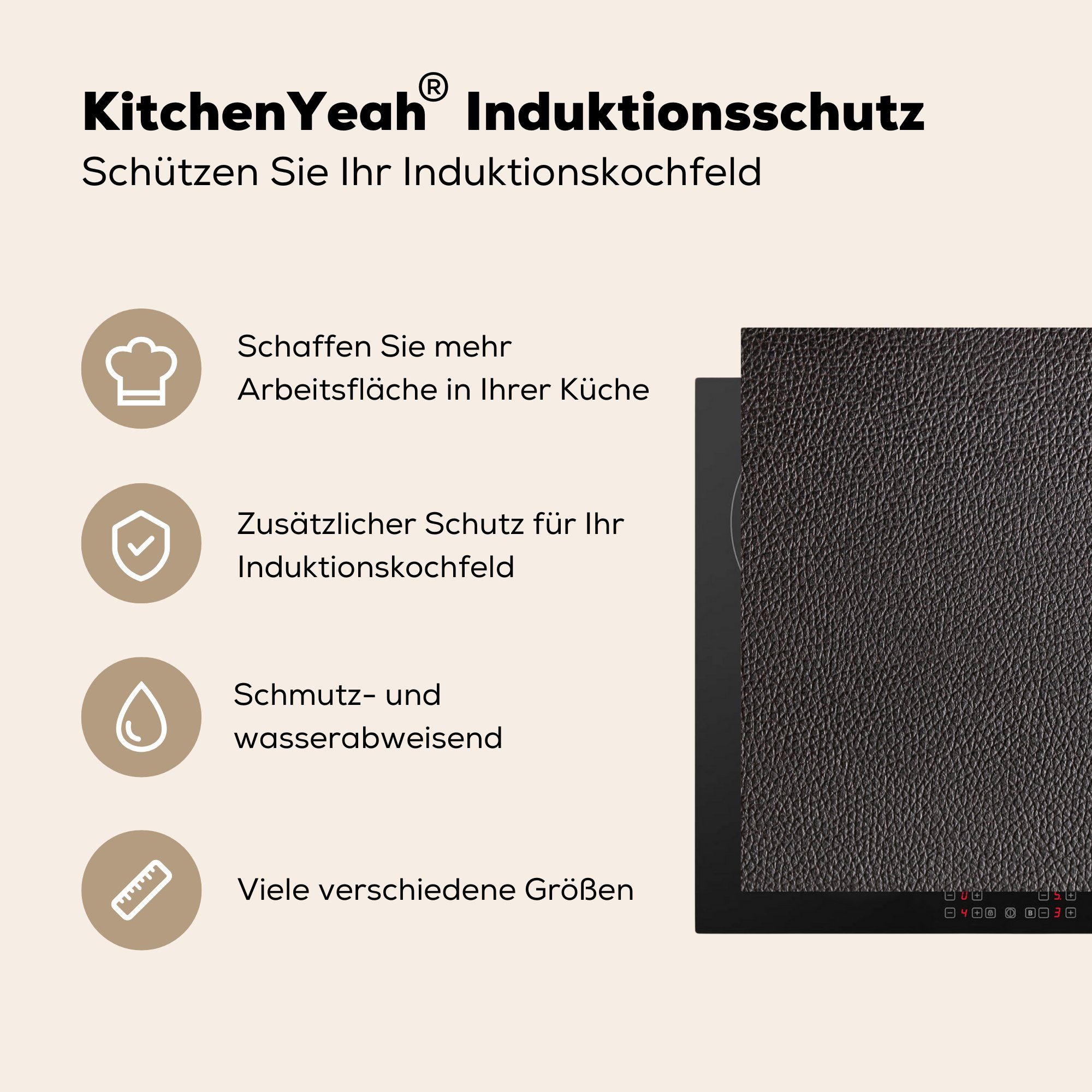 Schwarz Herdblende-/Abdeckplatte MuchoWow - Hell, Leder (1 57x51 Induktionskochfeld, cm, Vinyl, Induktionsschutz, Lederoptik - tlg), - Ceranfeldabdeckung