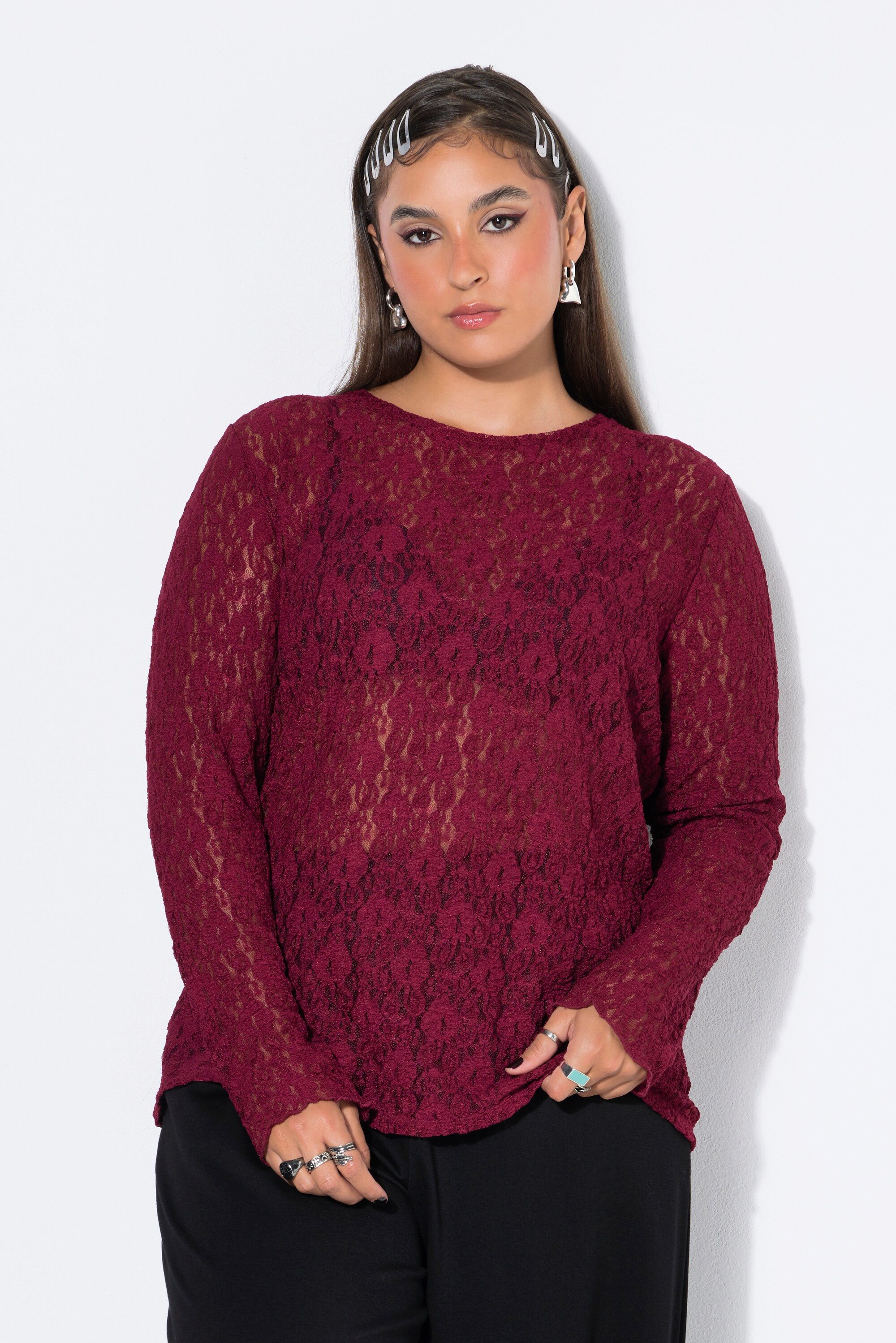 Studio Untold Longsleeve Spitzen-Shirt Slim Shape Langarm