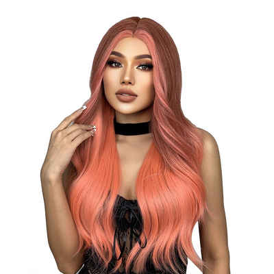 Püke Kunsthaarperücke Orange-rosa lange gewellte Perücken, Haar Perücken Halloween 24inch