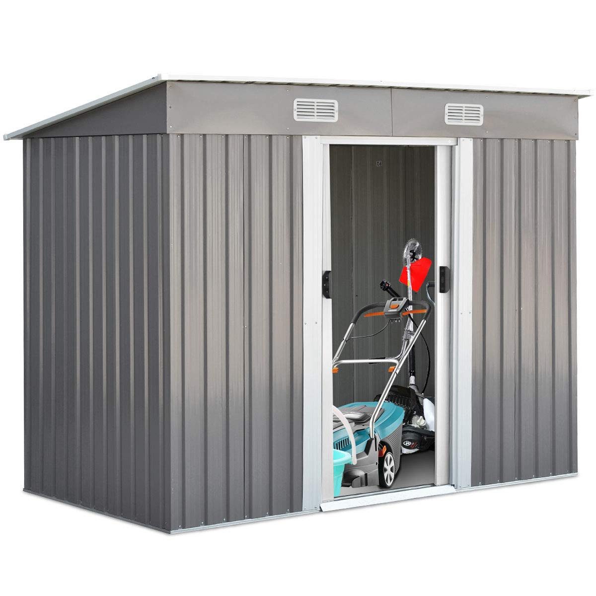 COSTWAY Gerätehaus, BxT: 238x131 cm, Gartenhaus, Geräteschuppen mit 2 Schiebetüren & Pultdach, Metall