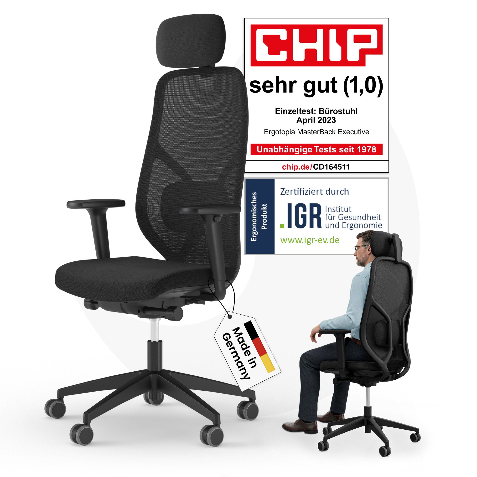 Ergotopia Bürostuhl MasterBack ergonomischer Schreibtischstuhl mit Kopfstütze (bereits montiert)