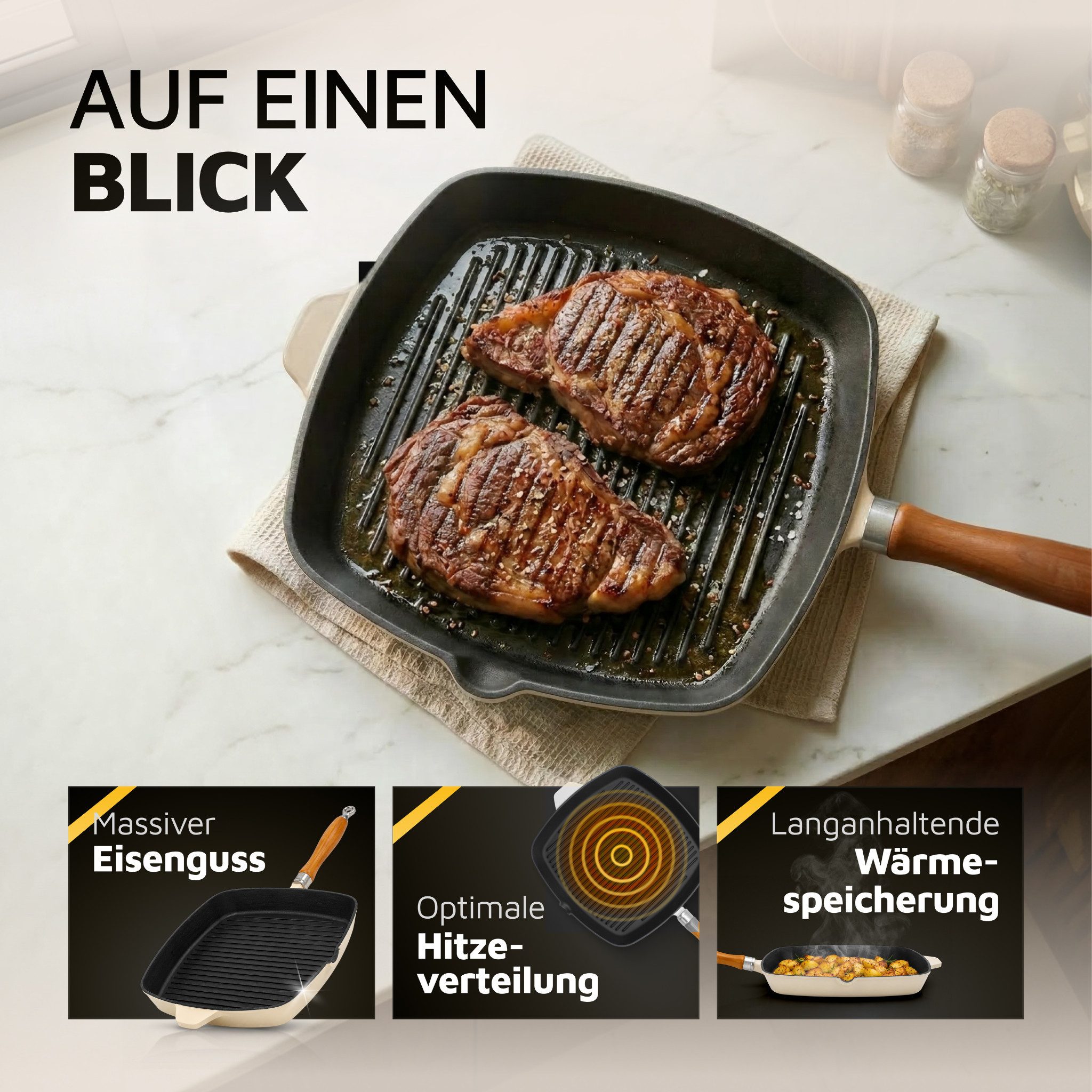 Krüger Steakpfanne Einsenguss Grill-/ Steakpfanne SAVANNA, 28 x 28cm, Gusseisen (1-tlg), für Induktions-Kochfelder geeignet