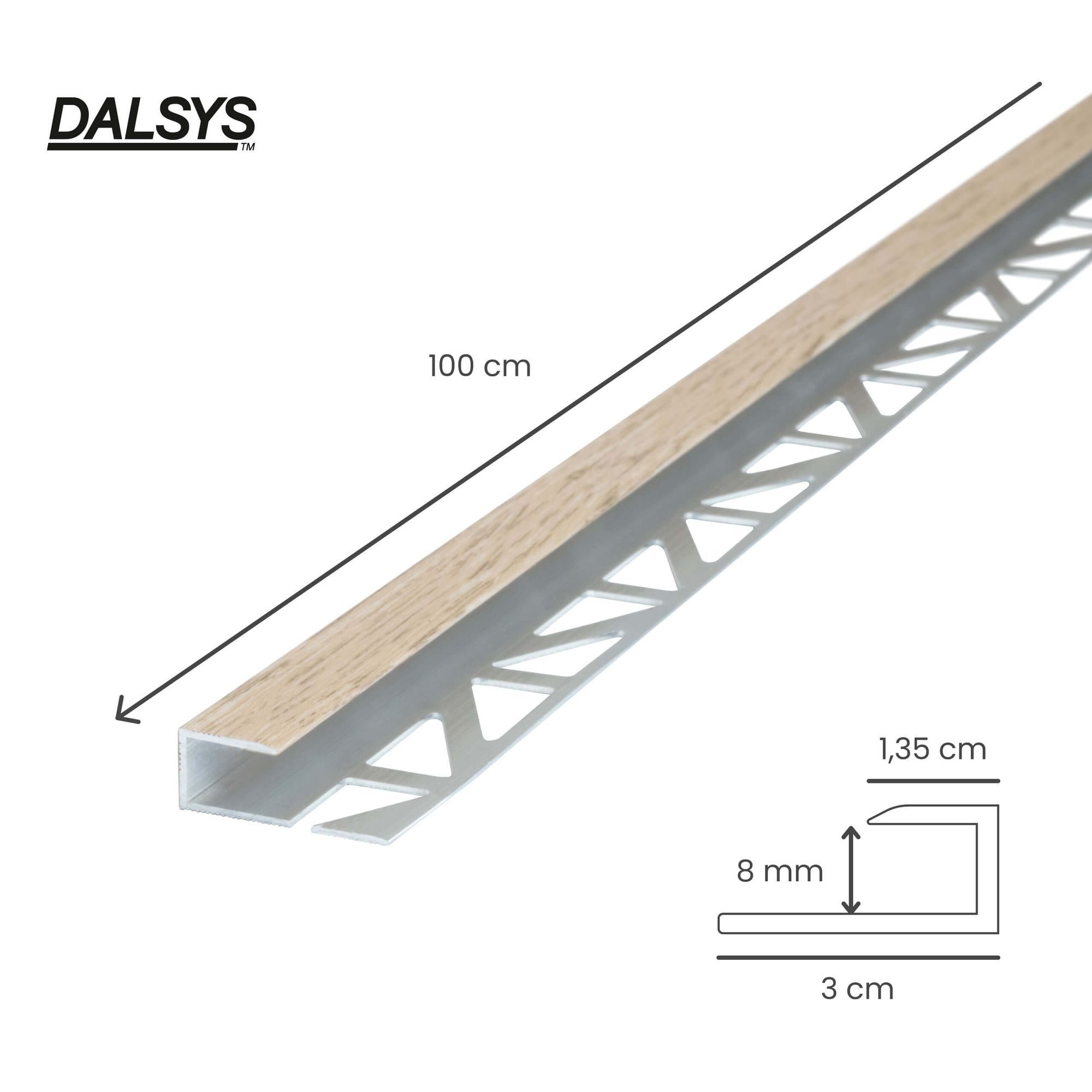 Dalsys Übergangsprofil Abschlussprofil aus Aluminium (100 cm, Eiche hell, 1-St), Für 8 mm Belagsstärke, zum Einfliesen