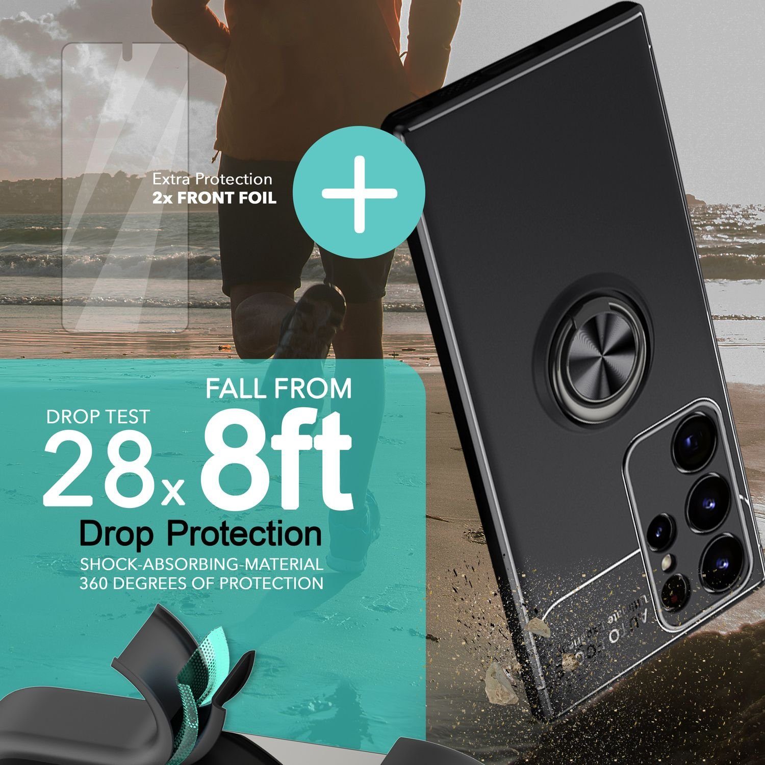 Nalia Smartphone-Hülle Samsung Galaxy S23 Ultra 17,3 cm (6,8 Zoll), Matte Ring Silikon Hülle / 2x Displayschutz / 360° Ring / Aufsteller – Bild 2 von 5
