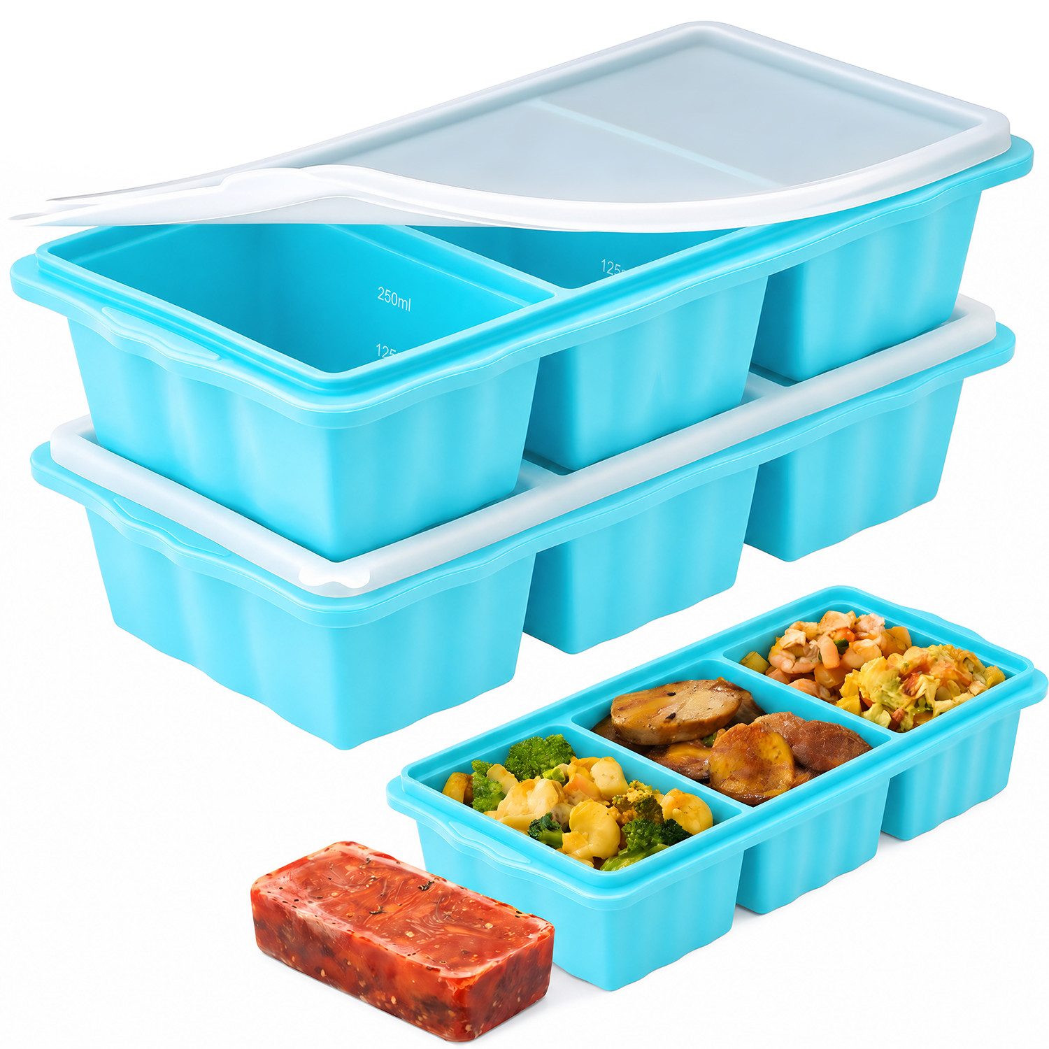 AIMAX Eiswürfelform 2er Set Silikon Gefrierformen mit Deckel 3 Fächern Eiswürfel Je 250-ml, (mit verstärktem Edelstahlrahmen, leicht zu lösende, Spülmaschinenfest), Einfrieren Behälter für Suppen, Brühe, Soße, Meal Prep und Eiswürfel