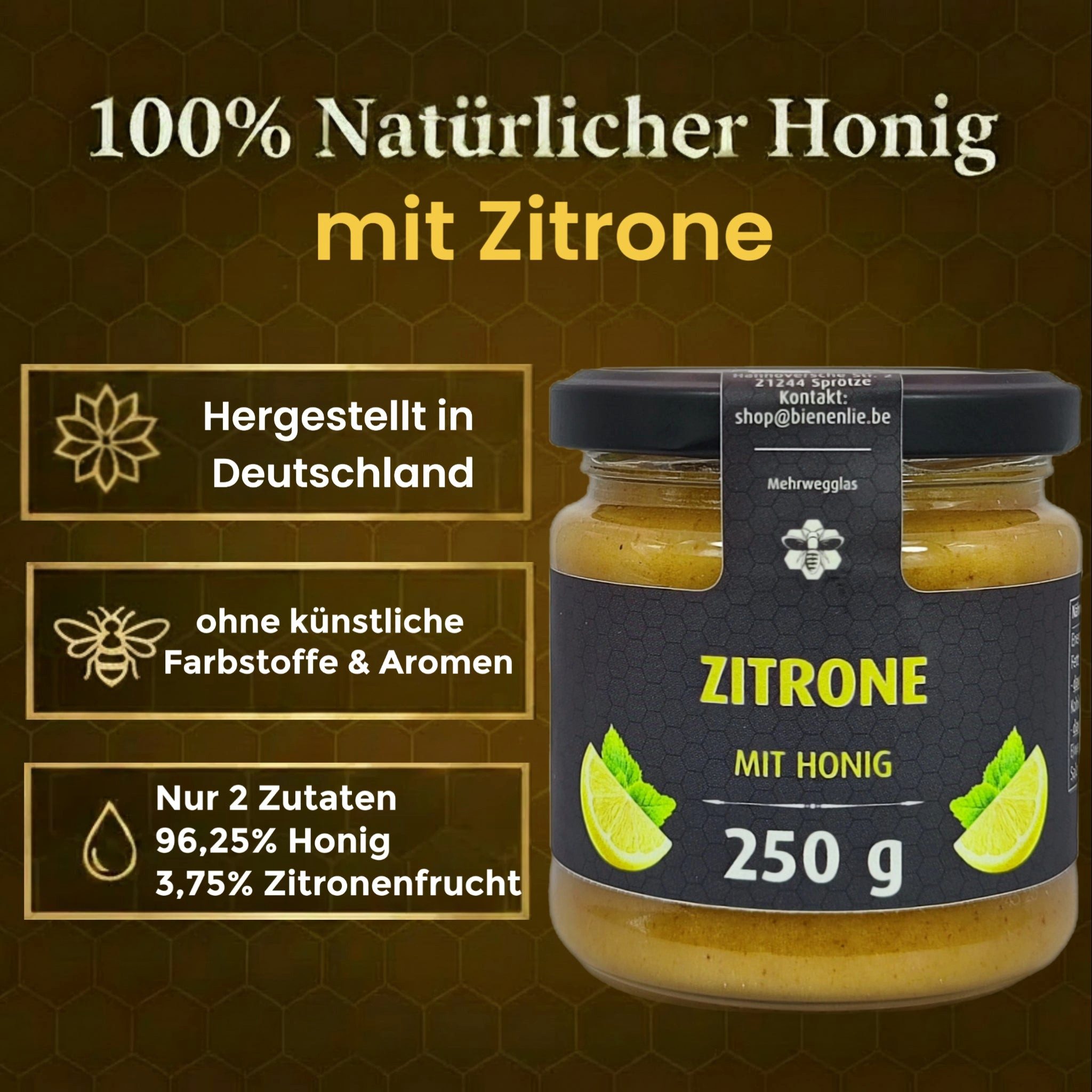 Imkerei BienenLie.be Honig Zitrone mit Honig - frisch & säuerlich, 250g, 1 x 250 g, 1 St.