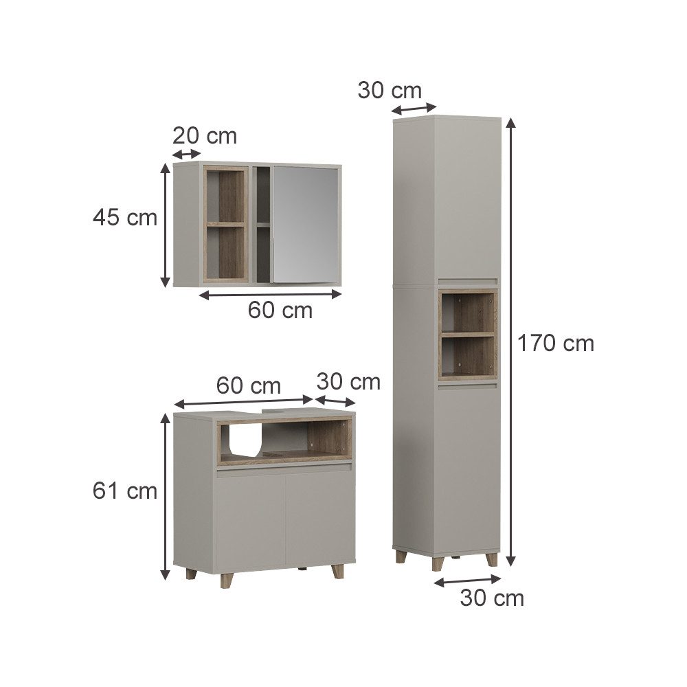 Vicco Badmöbel-Set Elnor, Greige/Eiche, 3 Teile mit Hochschrank, (3-St., 3e günstig online kaufen