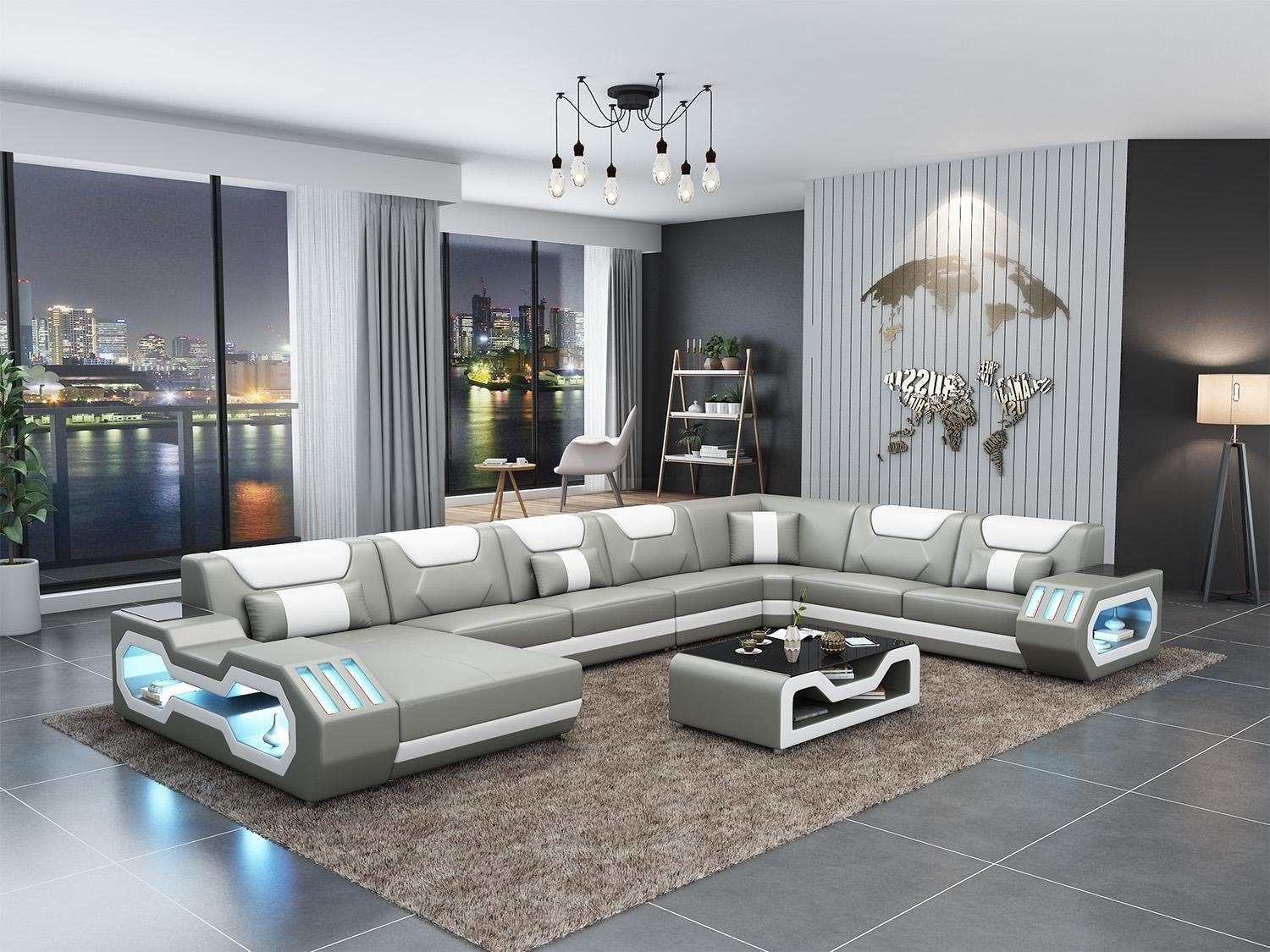 JVmoebel Wohnzimmer-Set, Ecksofa U-Form Couchtisch Couch Design Grau Polster Leder Modern Grau/Weiß