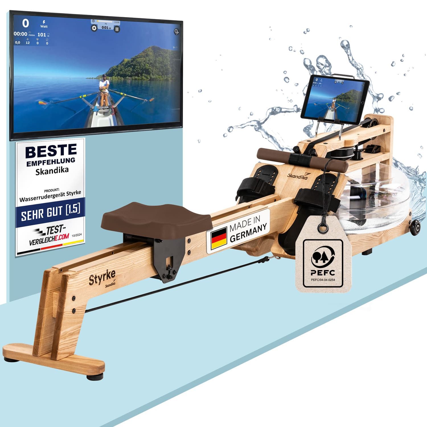 Skandika Rudergerät Styrke Wasser Rudermaschine für Zuhause aus Holz bis 180 kg, Bluetooth, bis 180 kg, Bluetooth, Kinomap App, massive Esche, natürliches Rudern